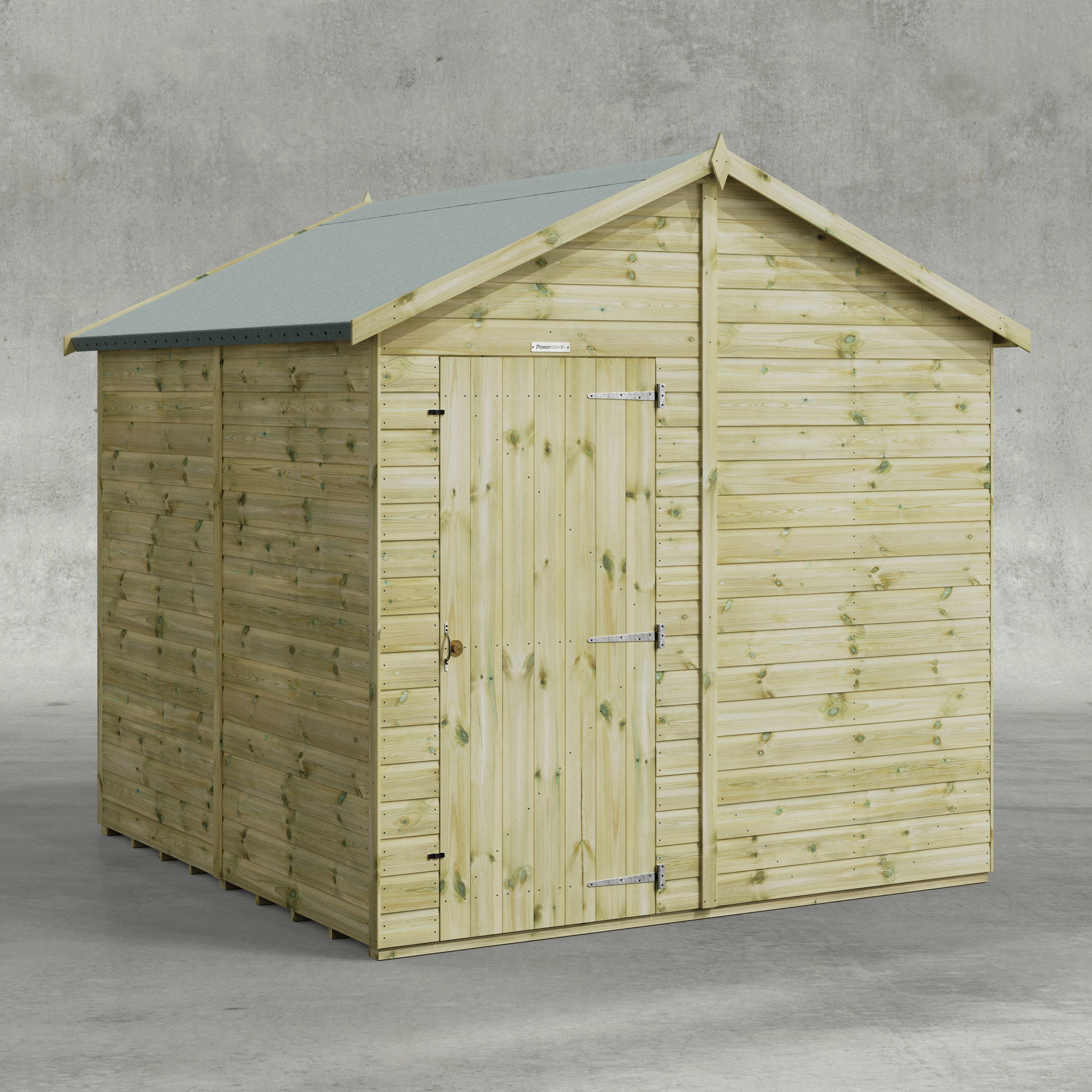 Powersheds Gartenhaus mit Premium Satteldach aus Nut- und Feder Vollholz ohne Fenster, BxT: 240x240 cm, (Polyester-verstärkte Dachpappe, gehärtetes Glas, hochwertiges Holz), Hochwertiges Holz