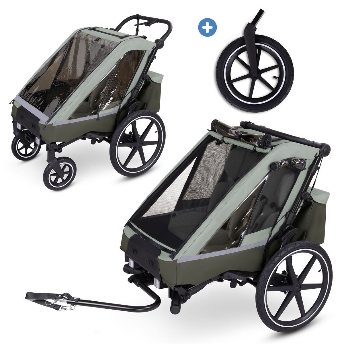 ABC Design Fahrradkinderanhänger Tour - Olive, 3in1 Fahrrad Кулон für 2 Kinder inkl. Jogger-Luftrad & Zubehör