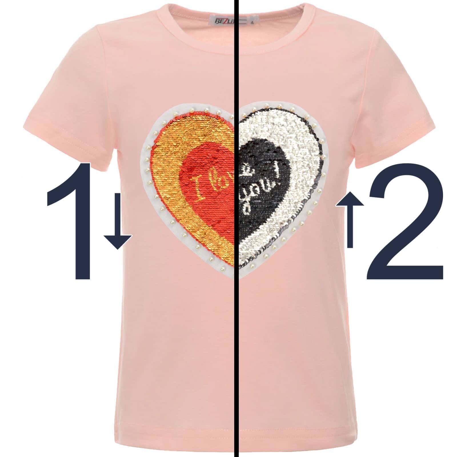 mit T-Shirt Mädchen Motiv Paillettenshirt Rosa BEZLIT (1-tlg) Wende Pailletten Kunstperlen Wendepailletten, Herz mit