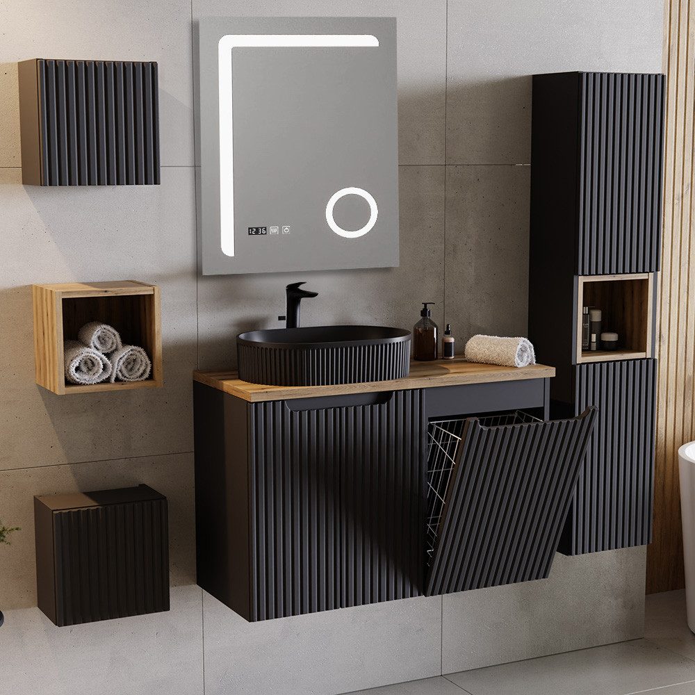 Lomadox Badmöbel-Set NEWPORT-56-BLACK, (Spar-Set, 6-St., Badschränke Badregal Hochschrank Spiegel Waschtisch), mit 90 cm Waschtisch, Wäschekorb, schwarz mit Eiche, gerillte Front