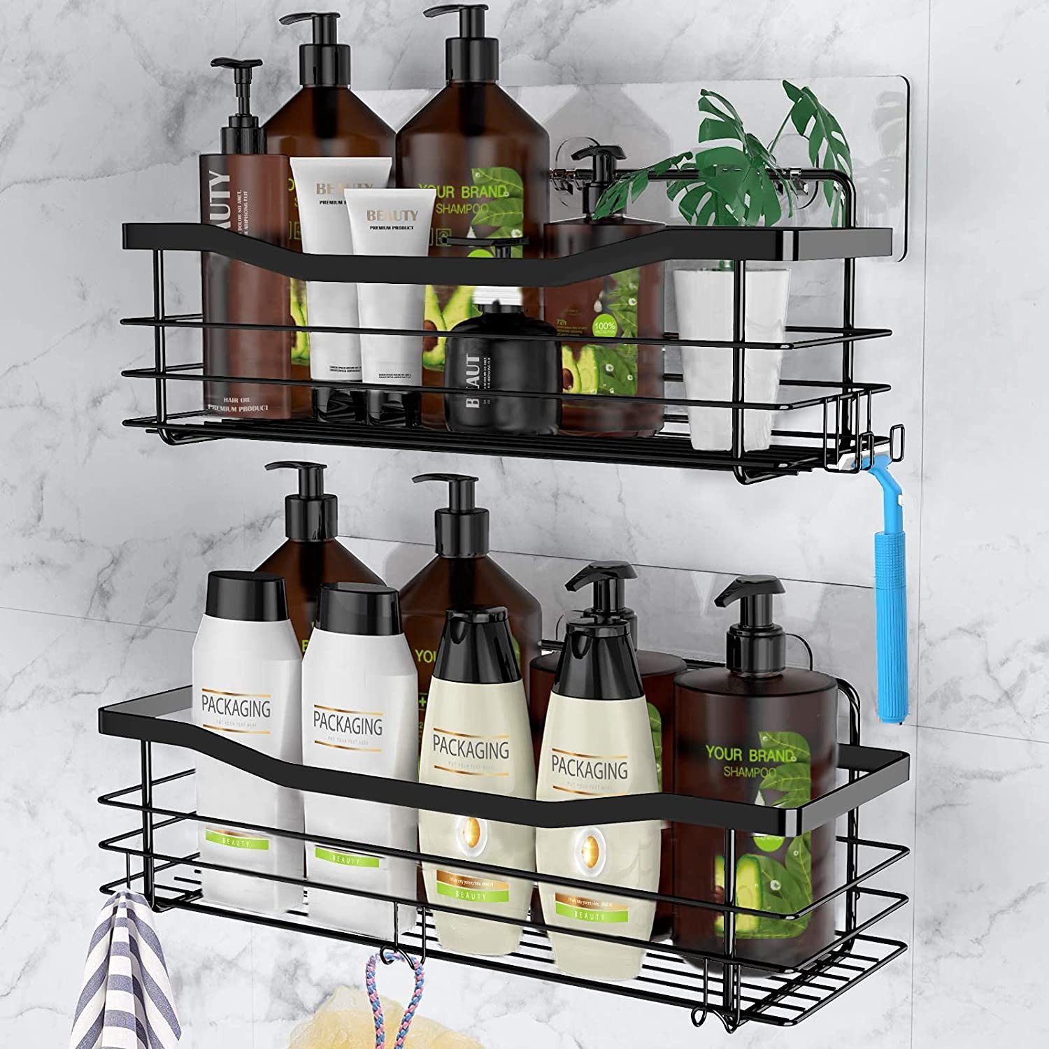 Refined Living Duschregal Duschablage ohne Bohren,Edelstahl Duschablage mit 5 Haken,2 Stück, Duschkörbe für Bad Küche Toilette,Duschregal,Badezimmer Regal Organizer,für Badezimmer, Schränke, Küchen 2-tlg., elbstklebender Duschkorb zur Aufbewahrung von Badaccessoires
