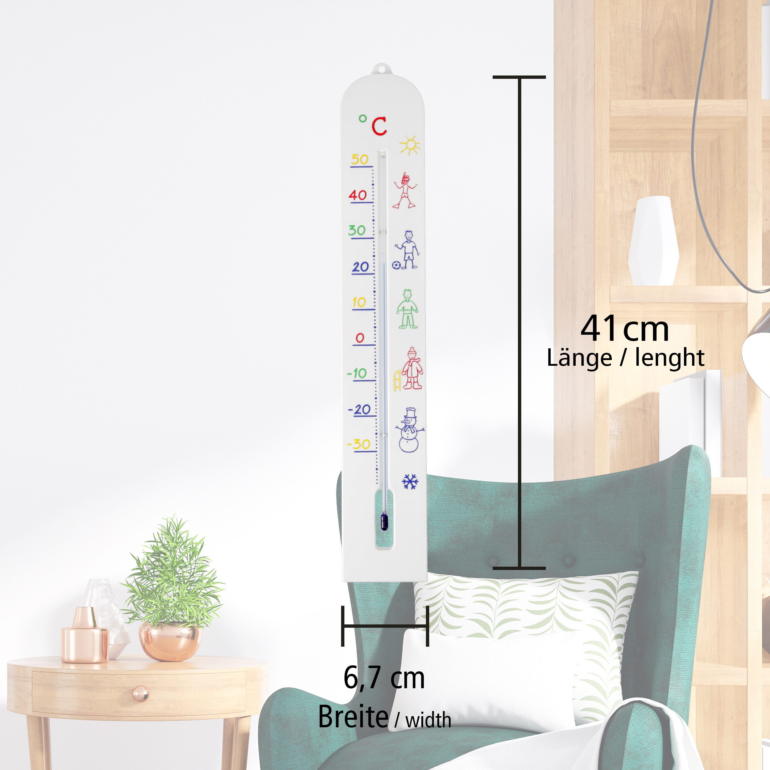 Lantelme Raumthermometer Kinderzimmerthermometer 40 cm Kunststoff Kinder Zimmer Thermometer, Temperatur -35 bis +50°C, Deutsche Herstellung, für Kinderzimmer