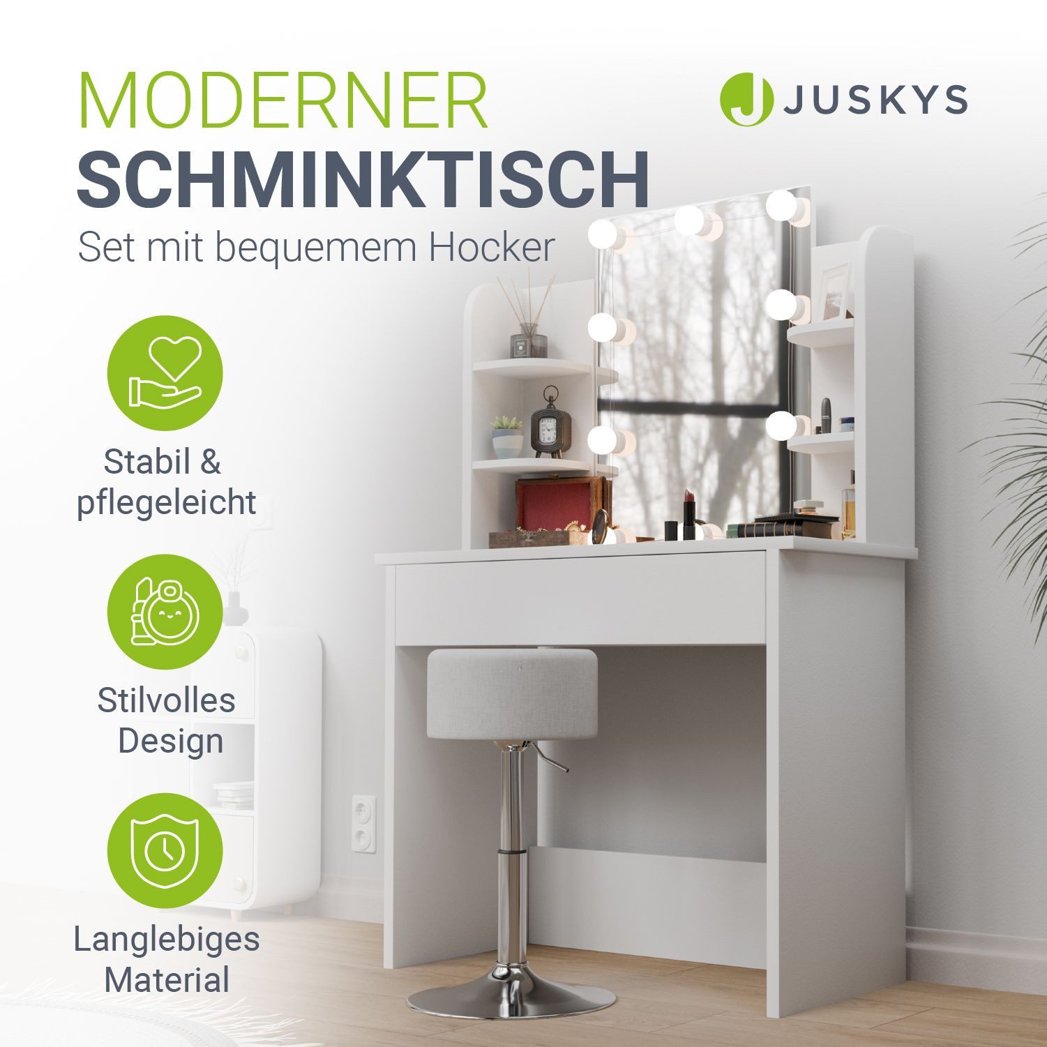 Juskys Schminktisch Zoey, LED-Beleuchtung, inklusive Hocker, viel Stauraum, günstig online kaufen