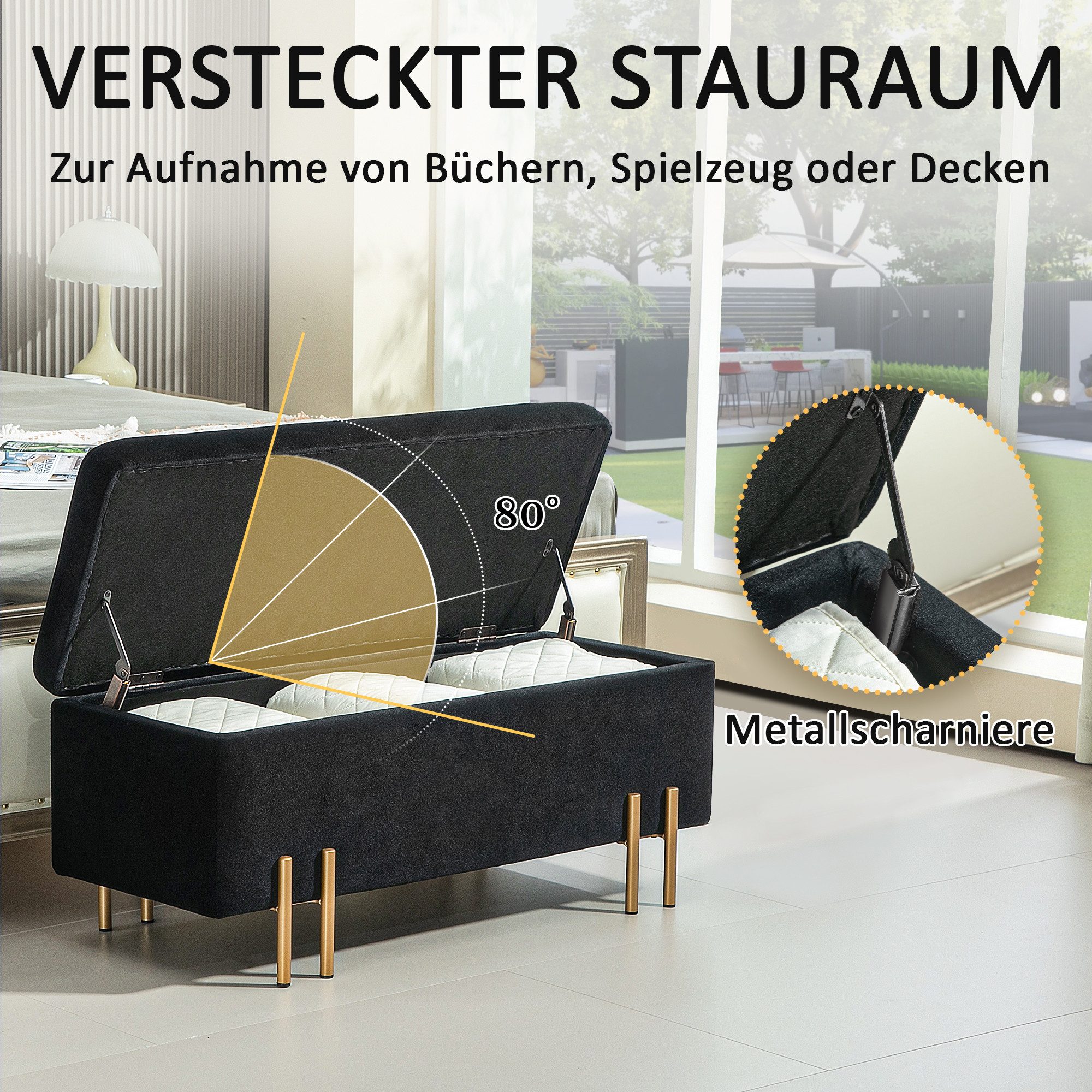 HOMCOM Sitzbank Sitztruhe mit Stauraum mit Samtoptik mit Metallbeine (Polsterbank, 1-St., Truhenbank), Stoff, Metall, Gummiholz, Schaumstoff, Schwarz, 100 x 40  – Bild 4 von 5