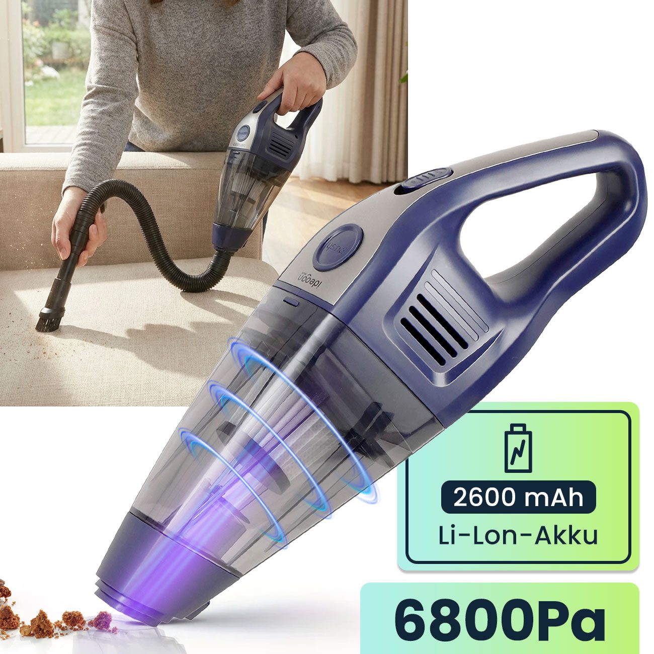 shop'n smile ideoon Akku-Handstaubsauger 6800 Pa starker Mini Staubsauger, kabellos, 66 W, kompakt & leise für Auto, Büro, Zuhause