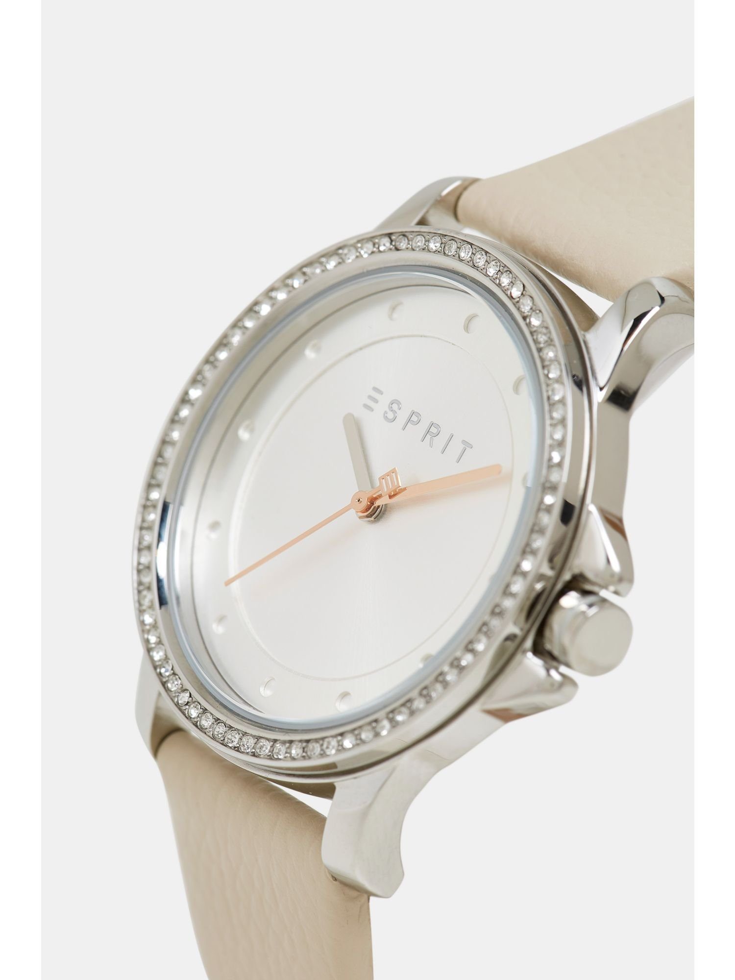 Esprit Zirkonia Leder-Armband Quarzuhr Edelstahl-Uhr mit und