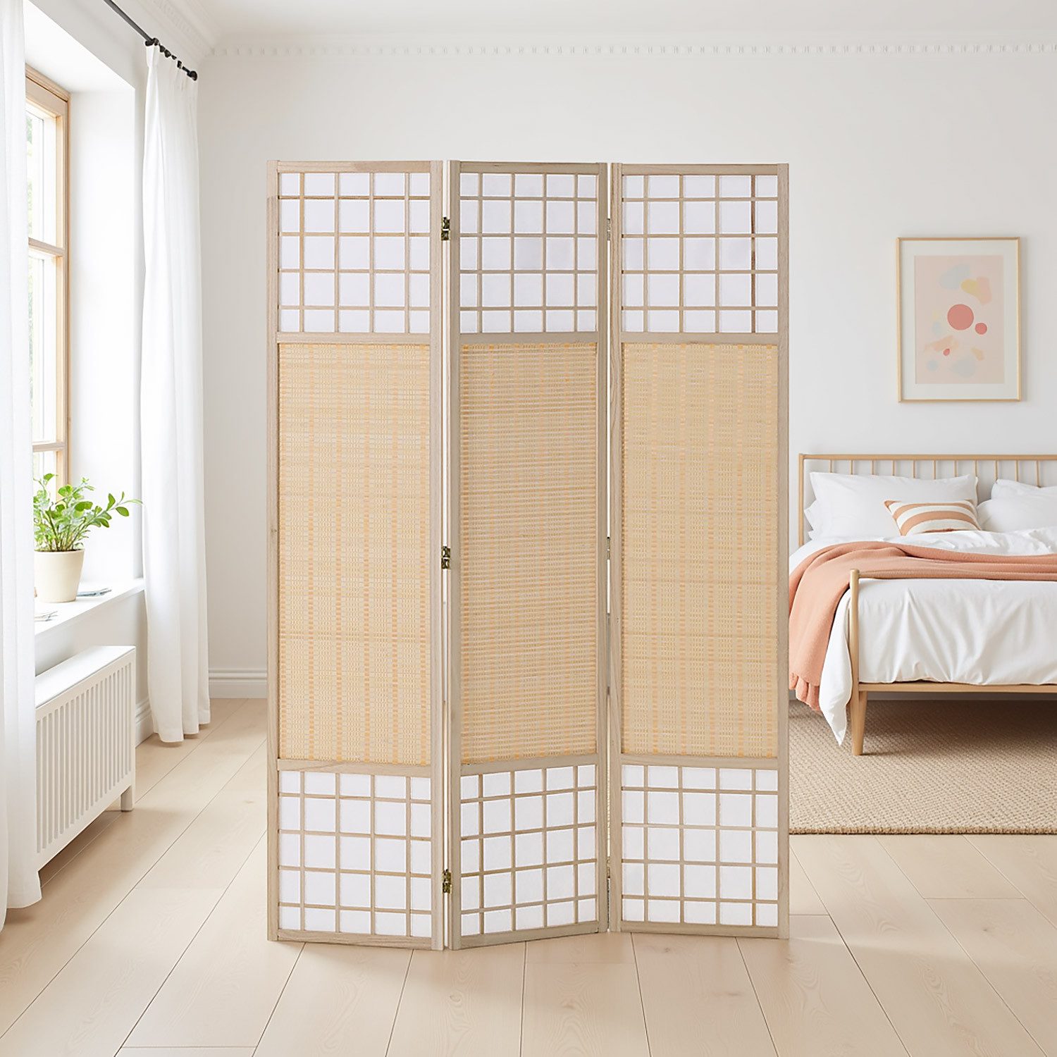 Homestyle4u Paravent Raumteiler Holz Shoji Trennwand Natur Sichtschutz Indoor Lamellen (3-teilig), Trennwand, 3-teilig, faltbar