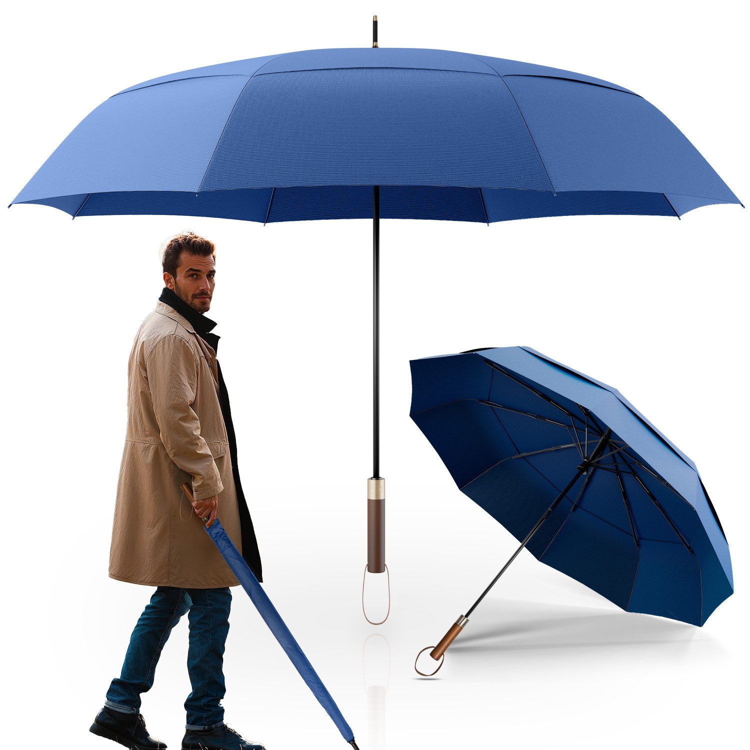 Logan & Barnes Stockregenschirm Chicago, Stockschirm sturmfest [Ø120 cm] mit hochwertigem Echtholzgriff