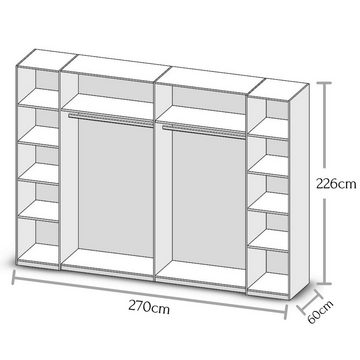 möbelando Kleiderschrank Ketty Moderner Kleiderschrank aus Spanplatte in San Remo Eiche Nachbildung / Weiß mit 2 Schwebetüren, 2 Drehtüren, 6 Einlegeböden, 4 Konstruktionsböden und 2 Kleiderstangen. Breite 270 cm, Höhe 225 cm, Tiefe 61 cm