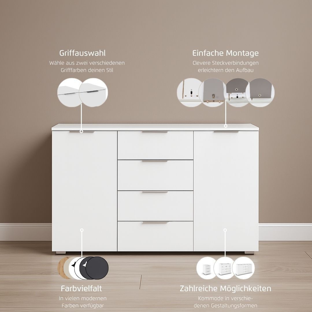 OTTO home Kombikommode Sideboard Schubladenkommode AGORDO mit Dekor- oder Hochglanzfront (in zwei Griff-Farben, Breite 120 cm), vier große Schubladen, mit insgesamt 4 Einlegeböden MADE IN GERMANY
