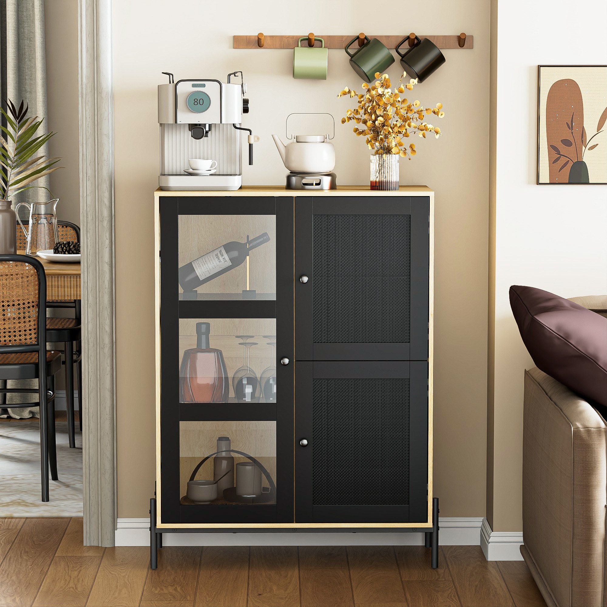 UEV Weinschrank Kaffeeschrank mit Tassenhalter, Küchenschrank, Kommode mit 3 Türen (Rattan-Design,Einstellbare LED-Leuchte,Anti-Kipp System) Herausnehmbare Einlegeböden, Weinglashalter, Glasregale