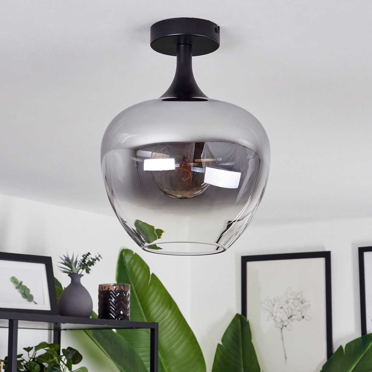 im Deckenlampe in aus Schirm »Saltusio« mit Retro/Vintage-Design (23cm), Leuchtmittel, ohne 1xE27 Leuchte aus Schwarz/Rauchfarben/Klar, Metall/Glas hofstein Deckenleuchte Glas