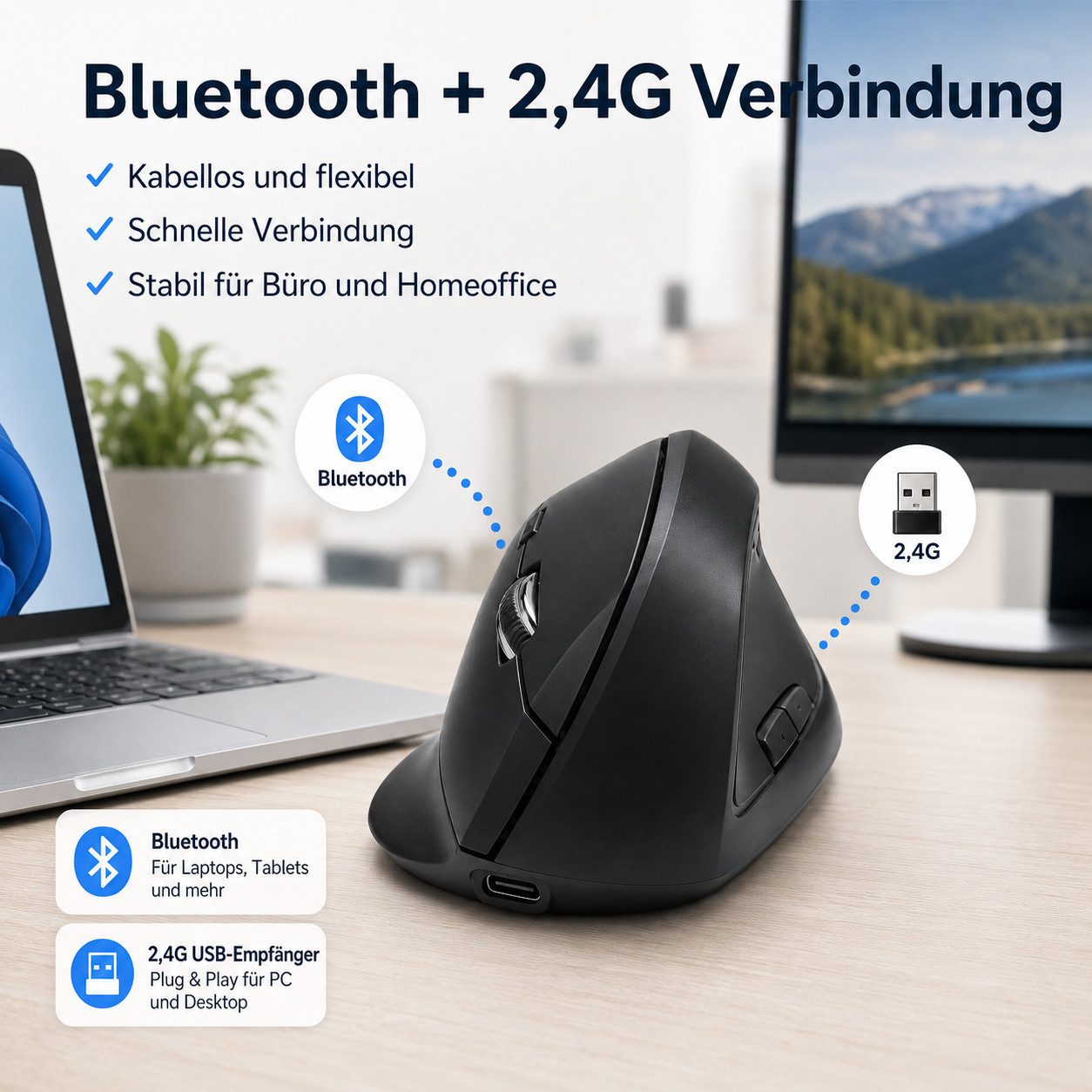 Vornix vertikale Maus kabellos, Bluetooth & 2,4G Wireless Maus ergonomische Maus (optische Büromaus für PC Laptop Windows Mac)
