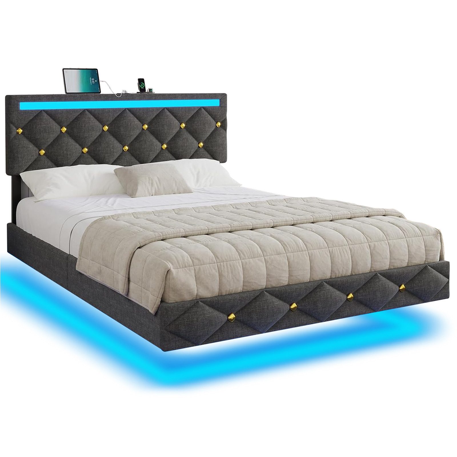 MSMASK Polsterbett mit USB-Aufladen und LED-Beleuchtung, Grauem Leinen günstig online kaufen