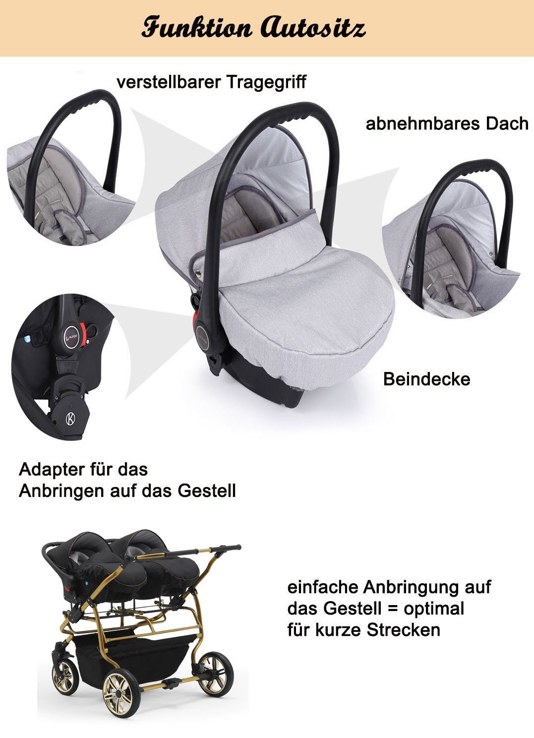 babies-on-wheels Zwillingswagen Duet Lux - inkl. Teile in - 3 in 13 Farben 1 Autositze Beige 33 Gold