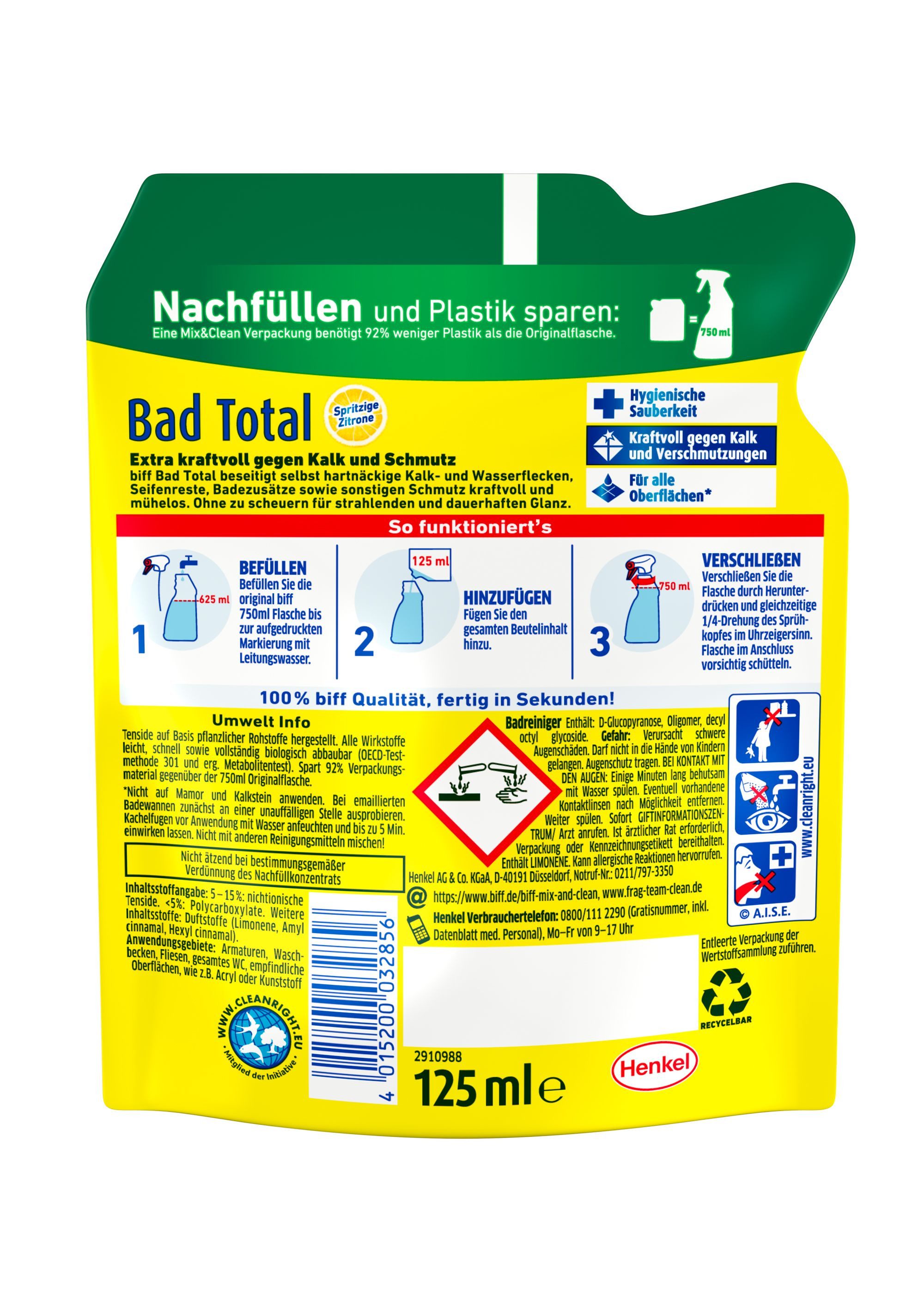 biff Bad Total Konzentrat Mix & Clean Spritzige Zitrone (8 x 125 ml) Badreiniger (Spar-Pack, [8-St. gegen Kalk & Schmutz, Konzentrat zum Auffüllen mit 92% weniger Plastik recycelbar)