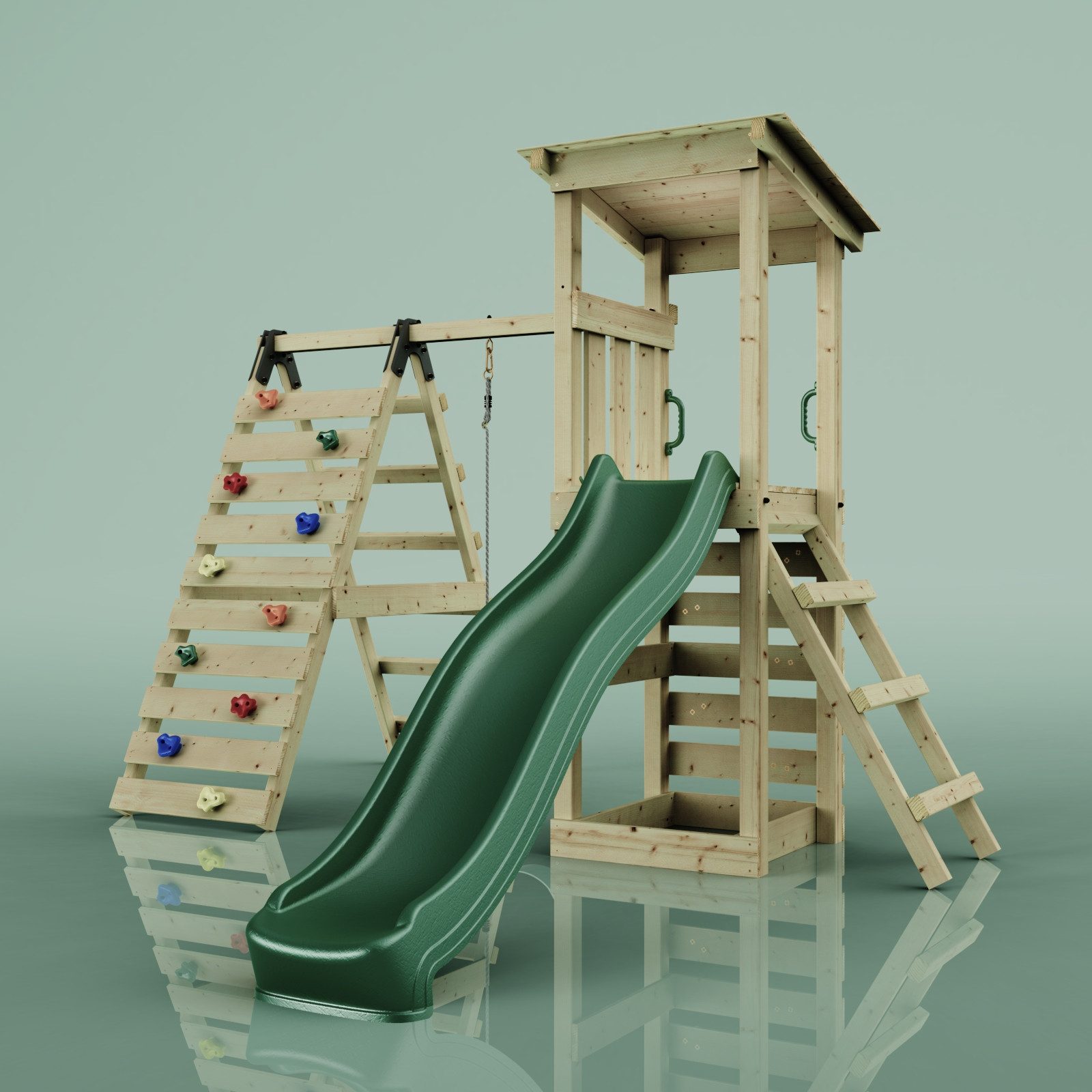 OutdoorToys Spielturm Sevilla aus Holz in Grün mit Kinderschaukel & Rutsche, Kletterwand