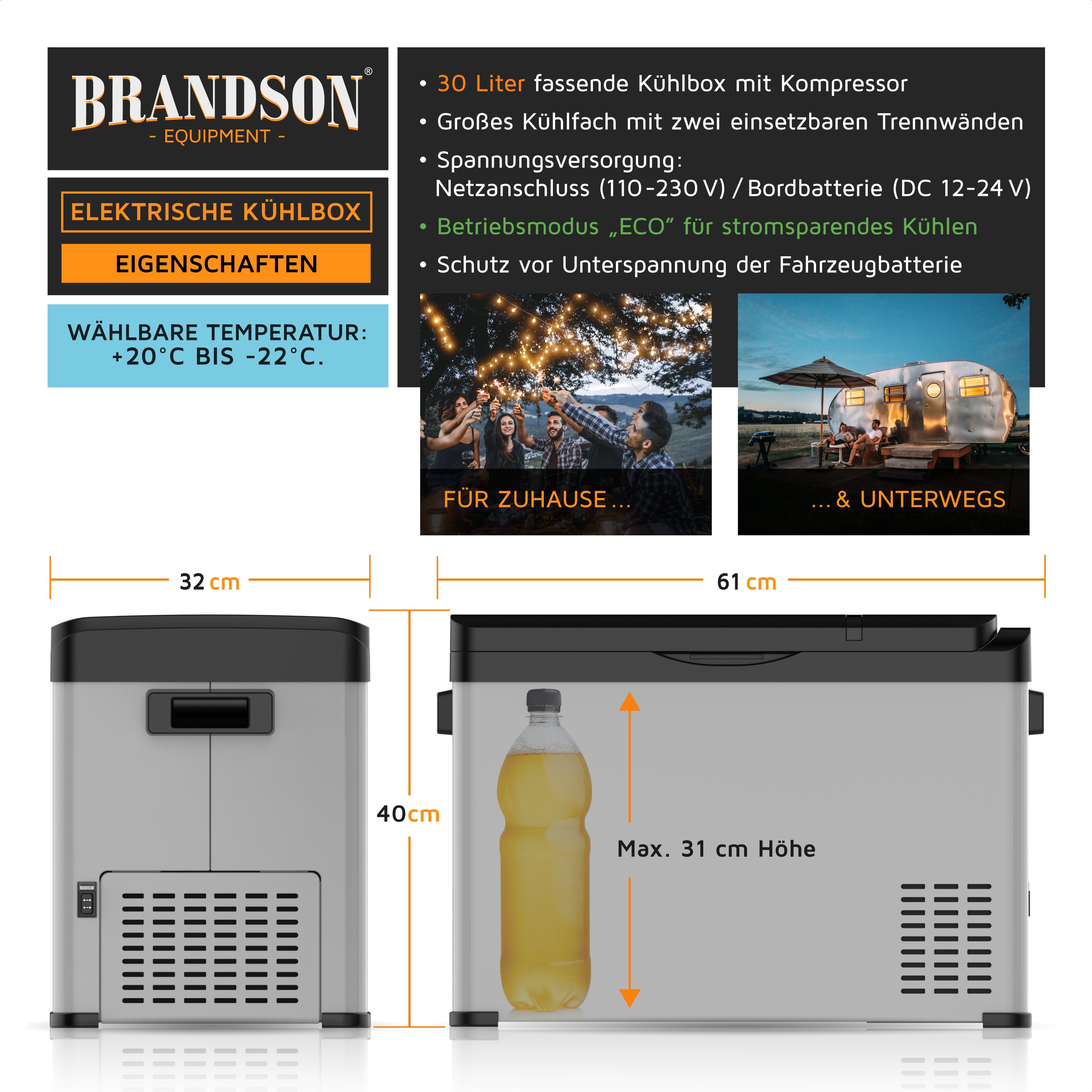 Brandson Elektrische Kühlbox 30L Kompressor Kühlbox bis – 22°C, Gefrierbox für Camping, Auto & Haus, 30 l, XXL Getränke Kühlschrank, ECO Autokühlbox, 12V 24V 230V KFZ, LKW, Boot