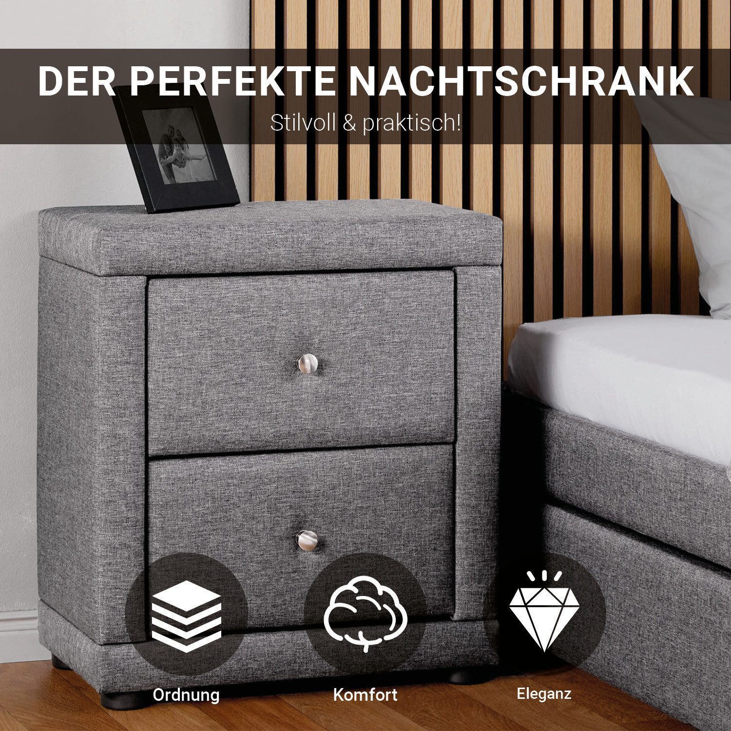 Homestyle4u Nachttisch mit 2 Schubladen Stoff Grau Beige 1 /2er Set Nachtkonsolen Kommode (1-St)