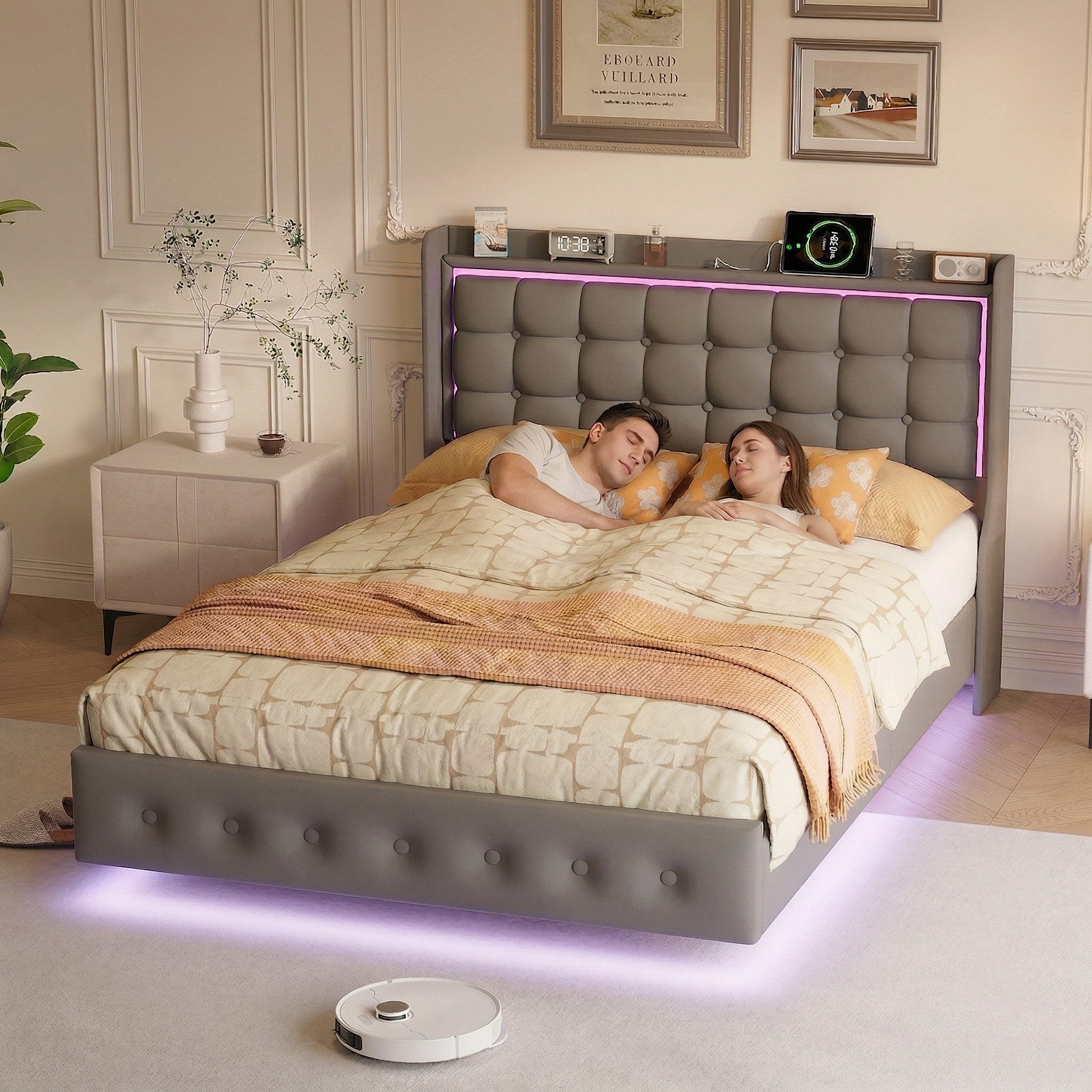 Furnishings Home Polsterbett Doppelbett Jugendbett mit LED-Licht (Mit Komforthöhe Lattenrost, Leises Design Bett), Samtmaterial Polsterbett mit RGB Beleuchtung – Bild 2 von 5