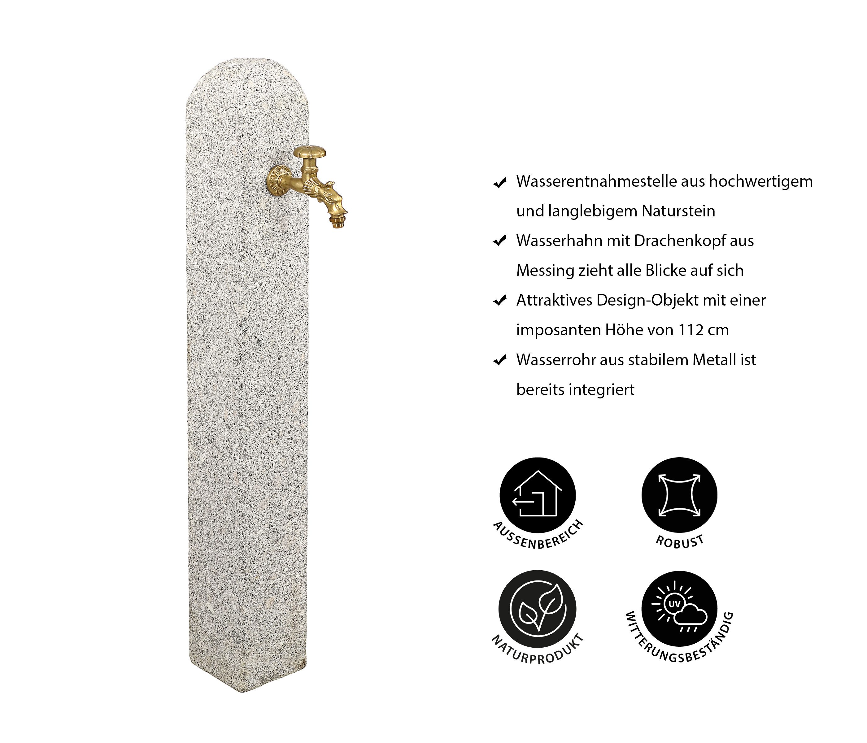 Dehner Gartenbrunnen Wasserzapfsäule, 15 x 15 x 112 cm, Granit, robuster Granit-Wasserspender mit 1/2" Anschluss inkl. Messing-Hahn