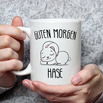 GRAVURZEILE Tasse mit Motiv - Guten Morgen Hase, Keramik, Farbe: Weiß