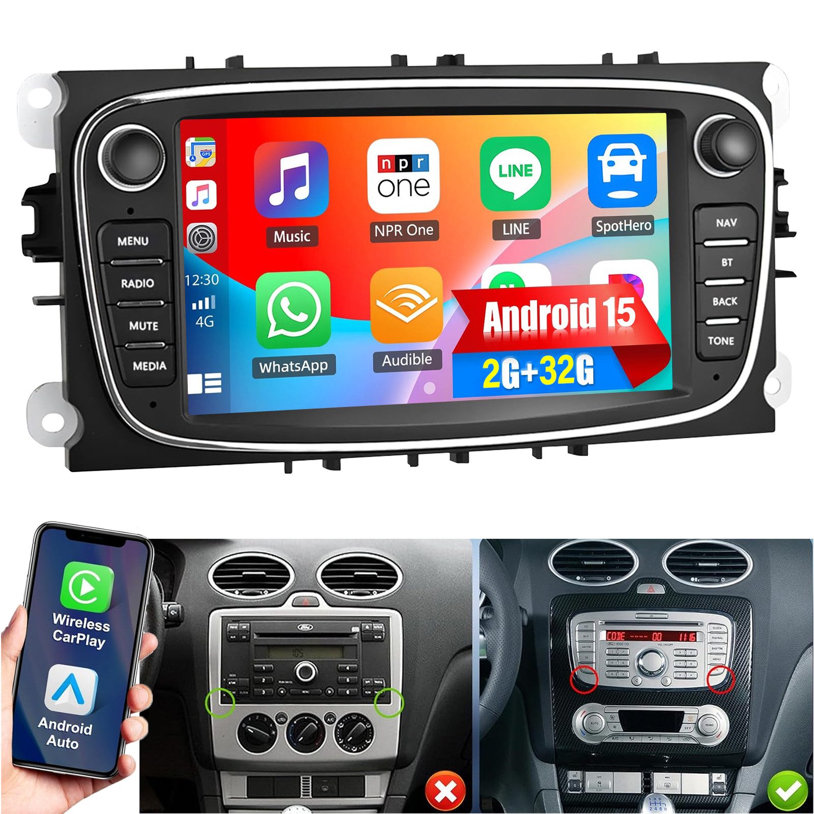 ESSGOO 7" Android15 Für Ford Focus Mk2 Mondeo C/S-MAX Galaxy Kuga GPS Navi BT Autoradio (RDS, 4+64GB(optional), Digitalradio (DAB), BT 4.1, FM, GPS, WIFI, SWC, Carplay Android Auto Bluetooth EQ USB GPS Navi WIFI Touchscreen)