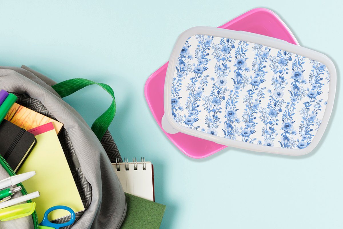 Brotbox MuchoWow Mädchen, Lunchbox (2-tlg), Snackbox, rosa Muster, Brotdose Kunststoff, Erwachsene, - - Anemone - Blau Kunststoff Kinder, Blumen für