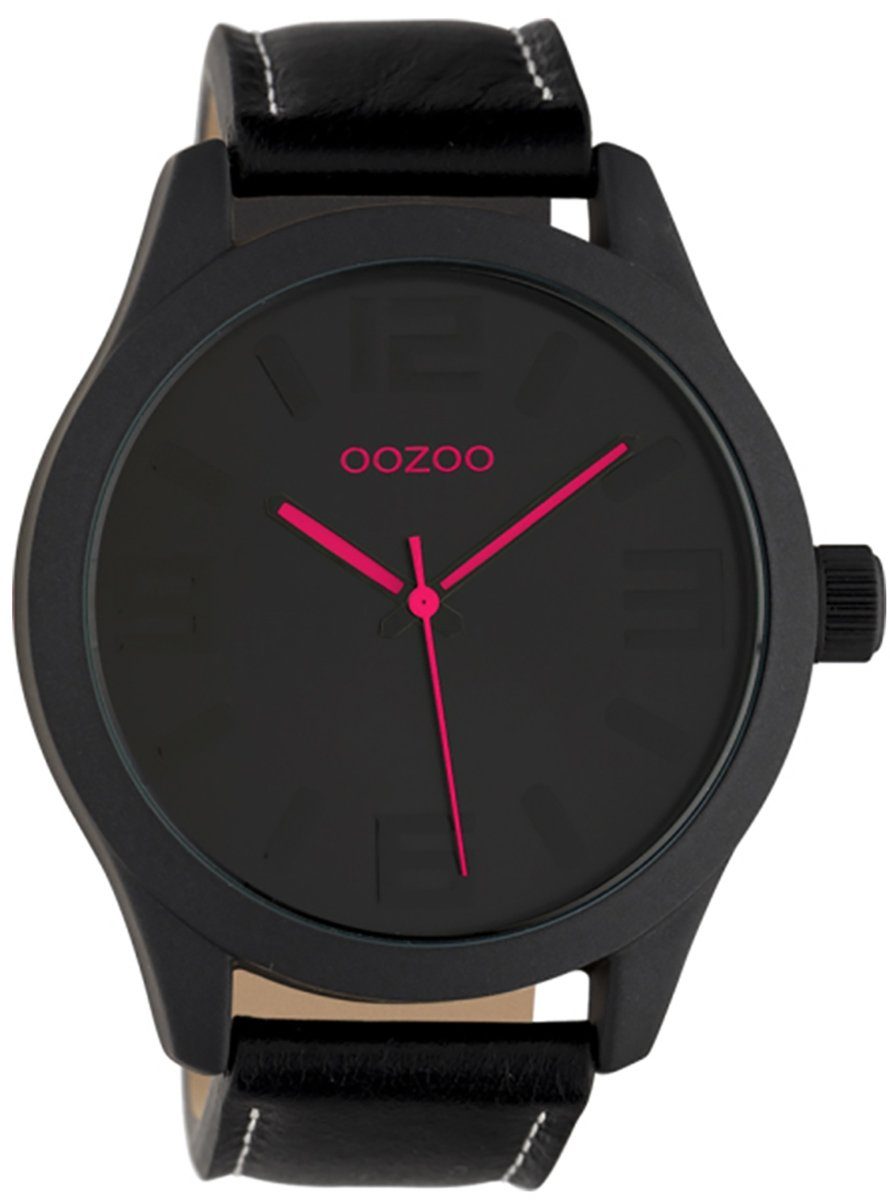 rund, Fashion-Style 45mm) Quarzuhr Oozoo OOZOO Lederarmband, schwarz, Damen groß Damenuhr Armbanduhr (ca.