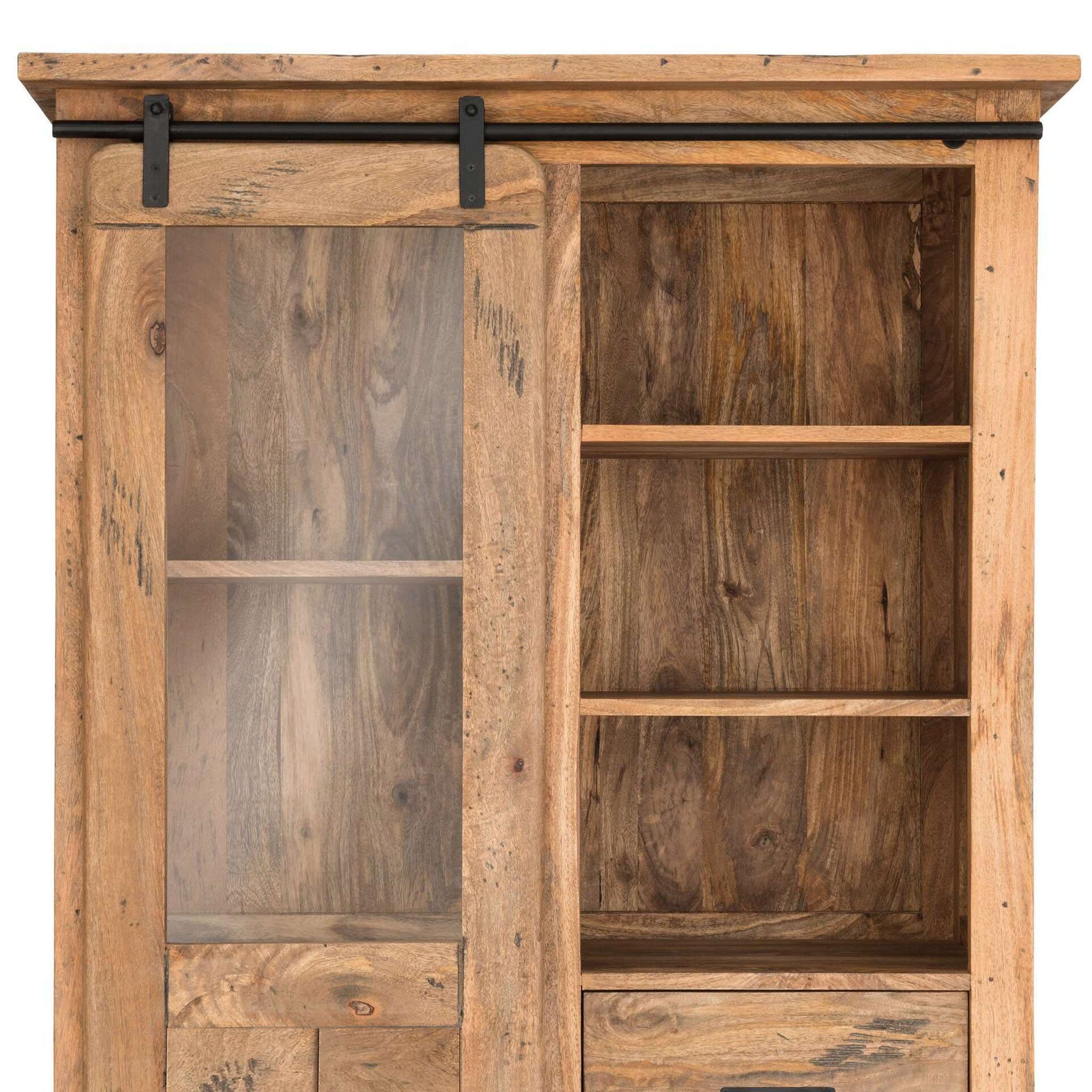 bene living Standvitrine Florenz Vintage - 100 cm - Mangoholz (Indoor-Möbelset, 1-St) hochwertiges Massivholz - Schiebetür, Schubladen und Fächer