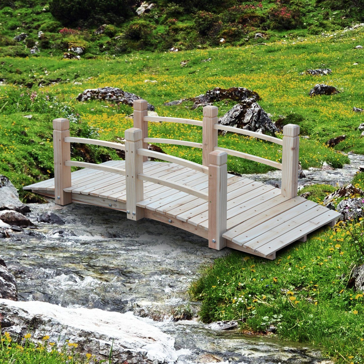 Outsunny Zierbrücke Holzsteg Teichbrücke mit Geländer bis 180 kg, (Gartenbrücke, 1 St., Holzbrücke), Tannenholz Natur 152,5 x 67 x 48 cm