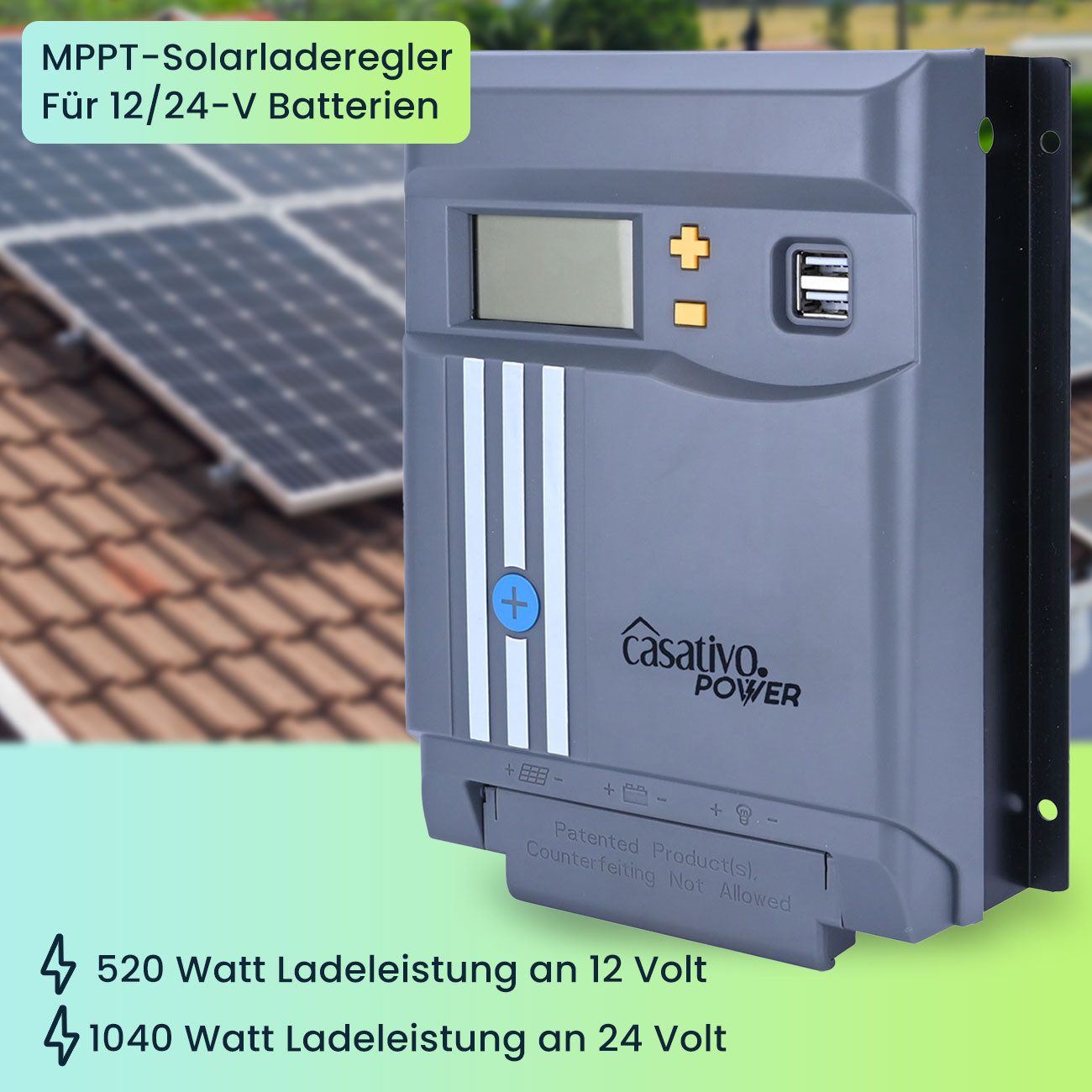 Casativo MPPT Solar-Laderegler 40A für 12V & 24V Batterien Solarladegerät (mit LCD-Display, 2 USB-Ports & vollem Überspannungsschutz)