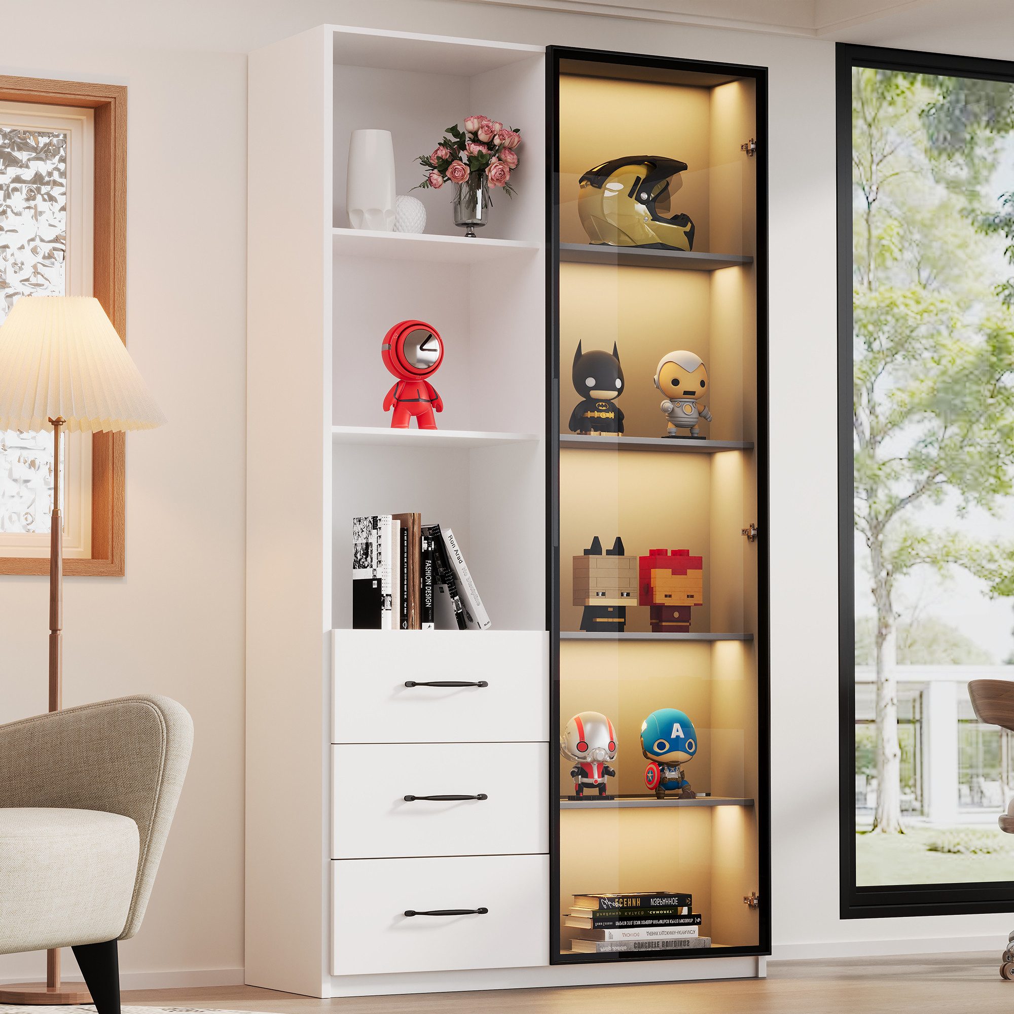 HAUSS SPOLE Vitrine mit LED,Küchenschrank Bücherschrank mit Schubladen&Aluminiumrahmen (Glasvitrine mit Hartglastür und LED-beleuchtetes Regal, 1-St., robuste Aluminium-Türrahmen, gehärtetes Sicherheitsglas) ideal für kleine Wohnungen oder stilvolle Nischen
