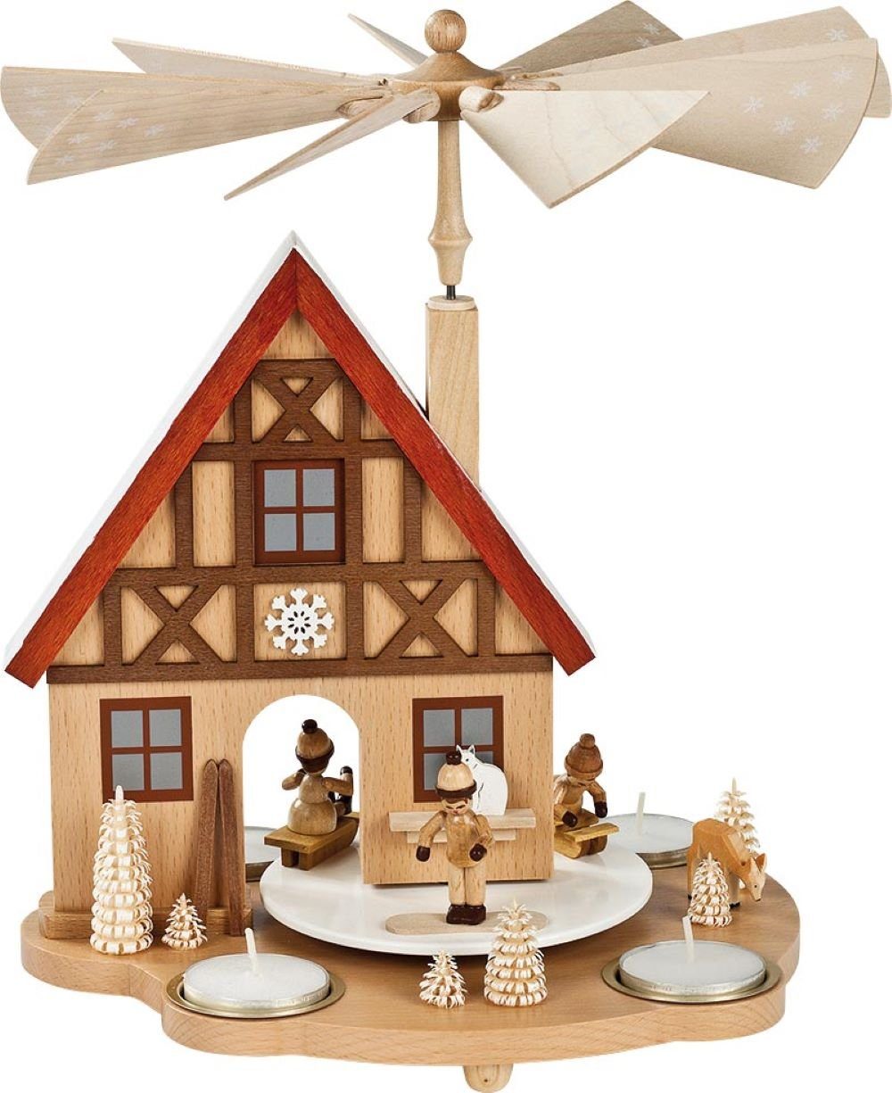 Richard Glaesser Weihnachtspyramide Pyramidenhaus Winterkinder natur für Teelichte, Höhe 29 cm, Handwerkskunst aus dem Erzgebirge