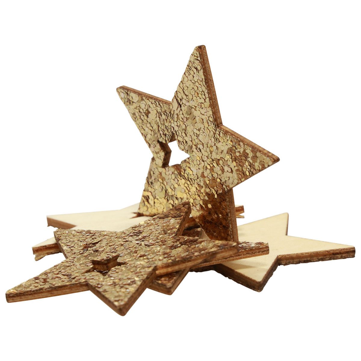 Florists Products Weihnachtsmann Weihnachtsdekoration Holzsterne Natur und Gold Glitter, 5cm, 72 Stück