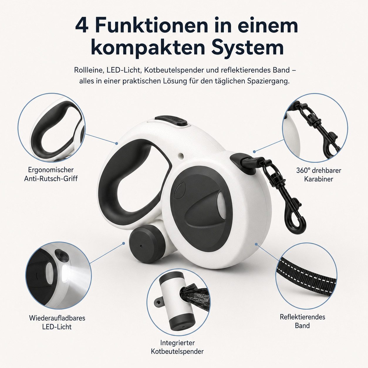 Tekoo Rollleine Hund 5m mit LED Licht & Kotbeutelspender, bis 30kg, (Packung), 4-in-1 System, Reflektierendes Band, Wiederaufladbar
