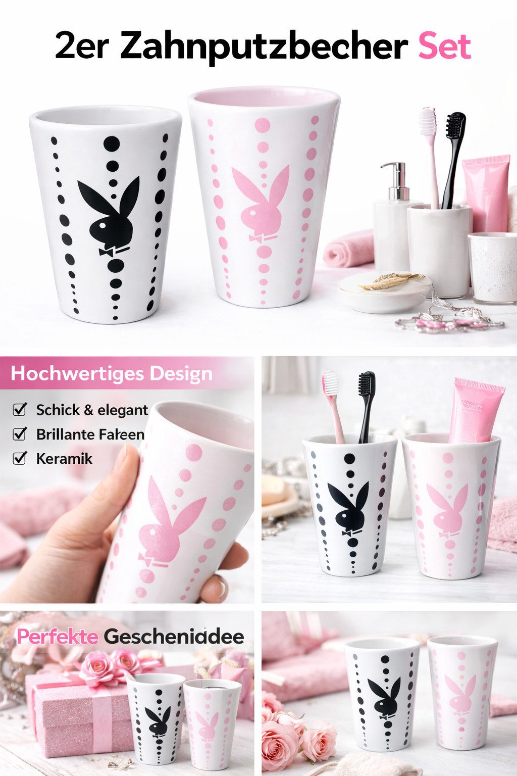 PLAYBOY Zahnputzbecher Playboy Home 2er Set Bunny Becher Zahnputzbecher Trinkbecher
