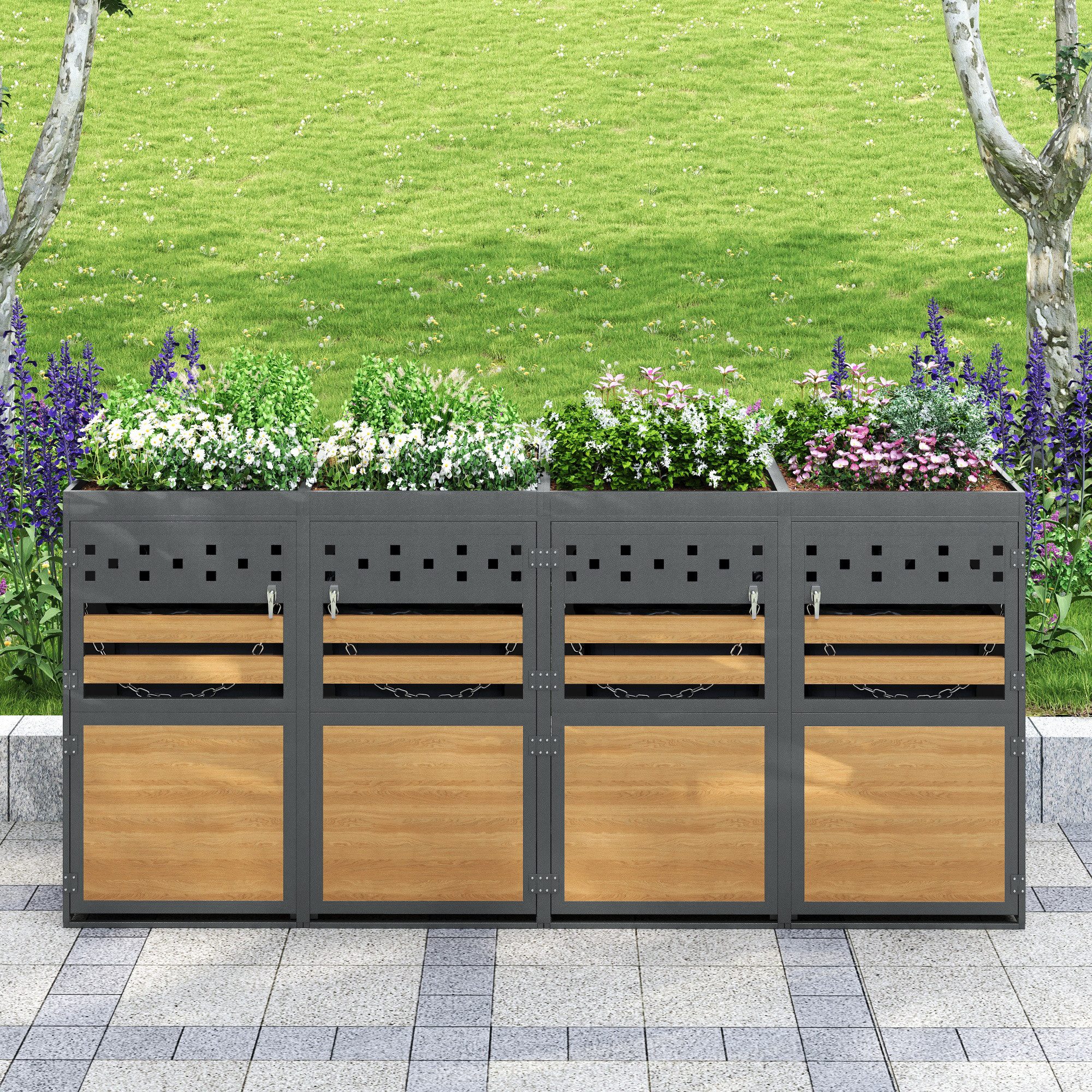 EXTSUD Mülltonnenbox Mülltonnenbox 120–240 L mit Pflanzdach, Anthrazit/Holz, abschließbar (2 St), Holzoptik,Aufbewahrungsbox für Mülltonnen, Müllbox
