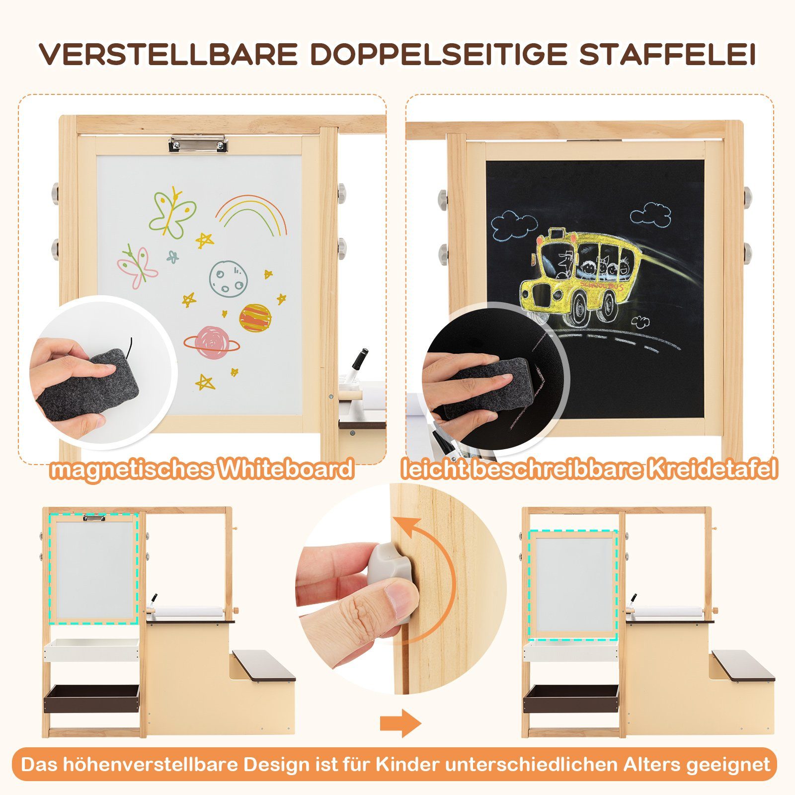 COSTWAY Standtafel 6 in 1 Kinder Staffelei Set, mit Bank – Bild 2 von 5