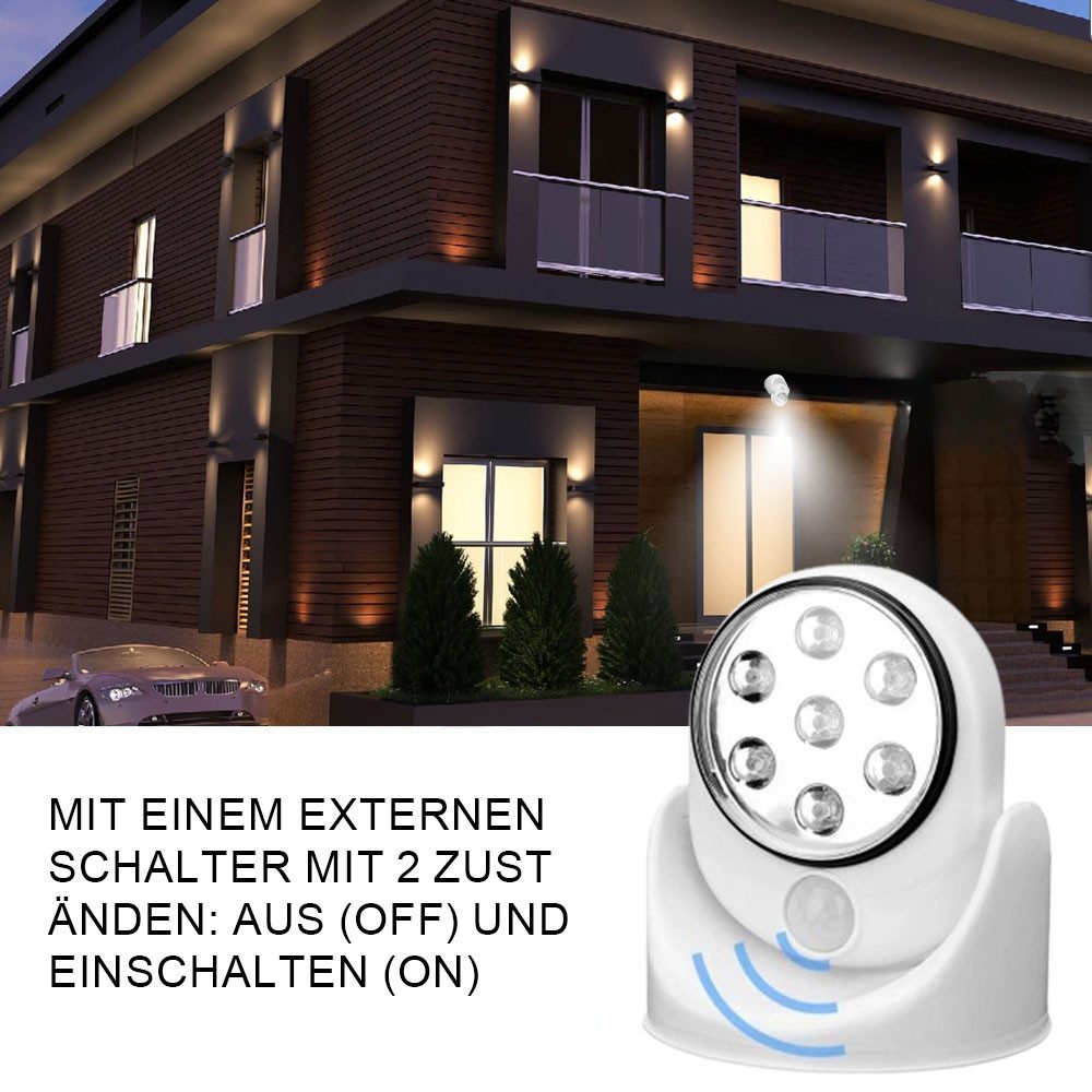 PRIISF LED Außen-Wandleuchte Bewegungsmelder Automatische Spot Strahler Flutlicht Wandstrahler, LED fest integriert, Kaltes Weiß, 360° Drehbar Nachtlicht Nachtleuchte Batteriebetrieben