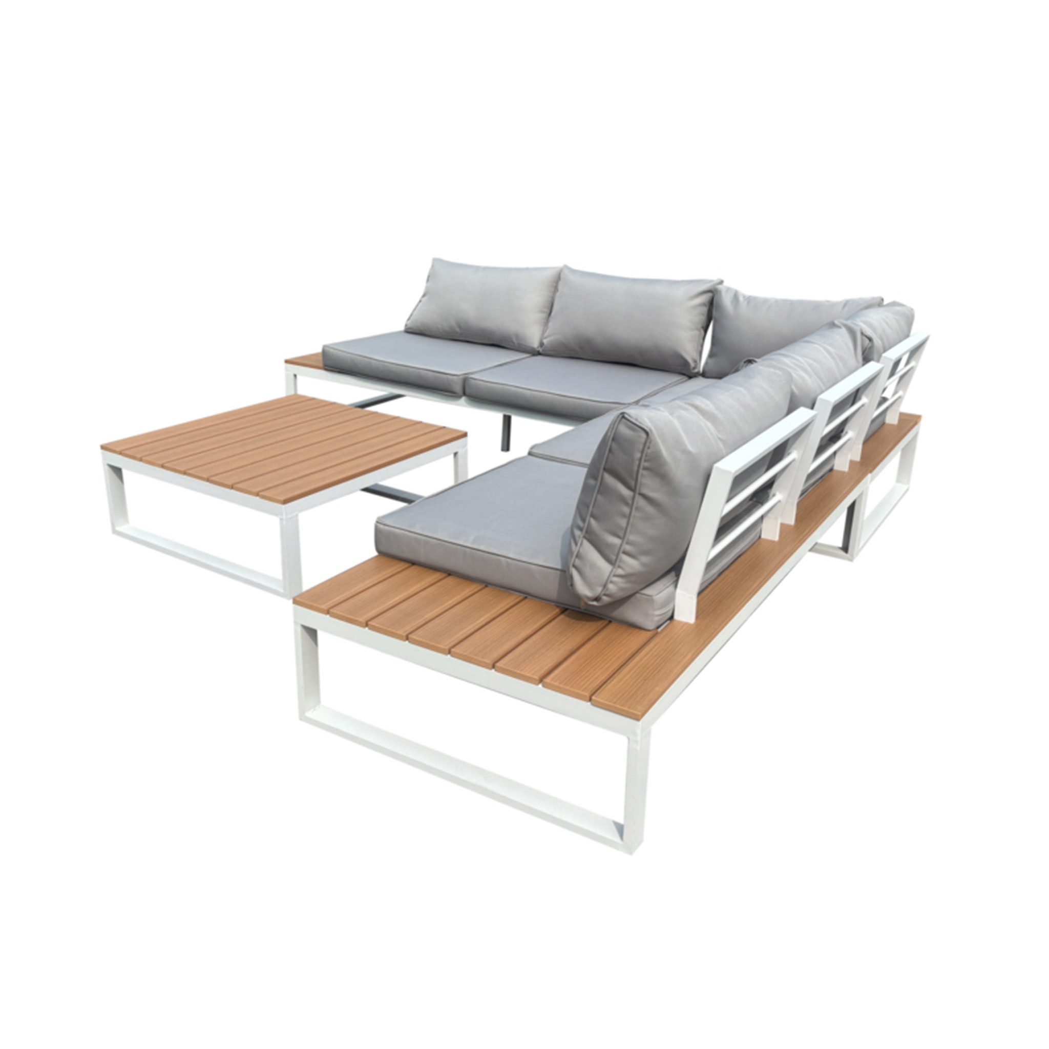 Happy Home Gartensofa 14 tlg. Loungeset aus Aluminium inkl. Auflagen hellgrau mit Holzoptik