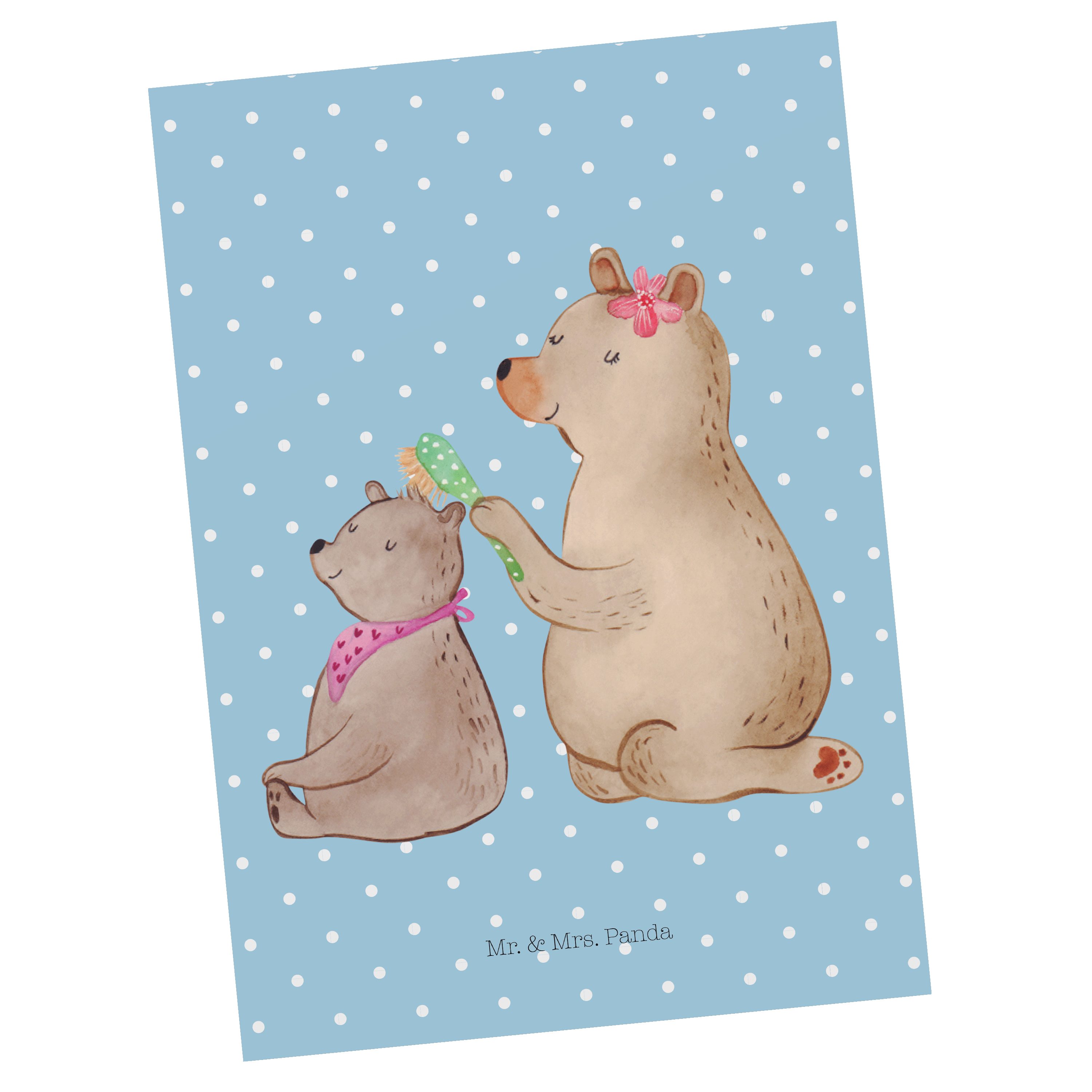 Mr. & Mrs. Panda Postkarte Bär mit Kind - Blau Pastell - Geschenk, Papa, Grußkarte, Bären, Mama