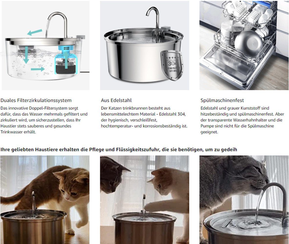 XDeer Trinkbrunnen Haustier Trinknapf,Automatischer Wasserspender,Wasserfall für Katze, 3,2LTrinkbrunnen,aus Edelstahl,Wasserhahn-Design,Spülmaschinenfest