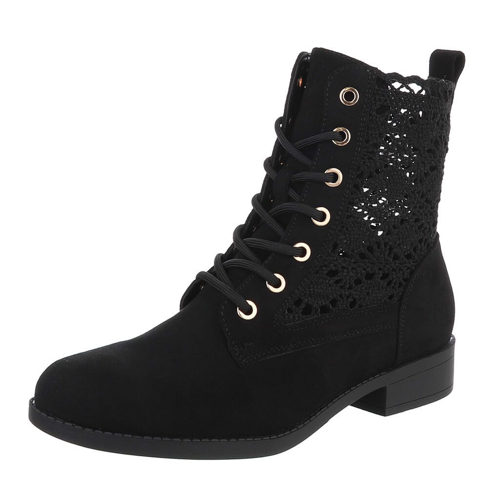 Ital-Design Damen Schnürstiefelette mit Häkel-Details für Alltag und Freizeit Sommerboots (91154506) Blockabsatz Schnürstiefeletten in Schwarz
