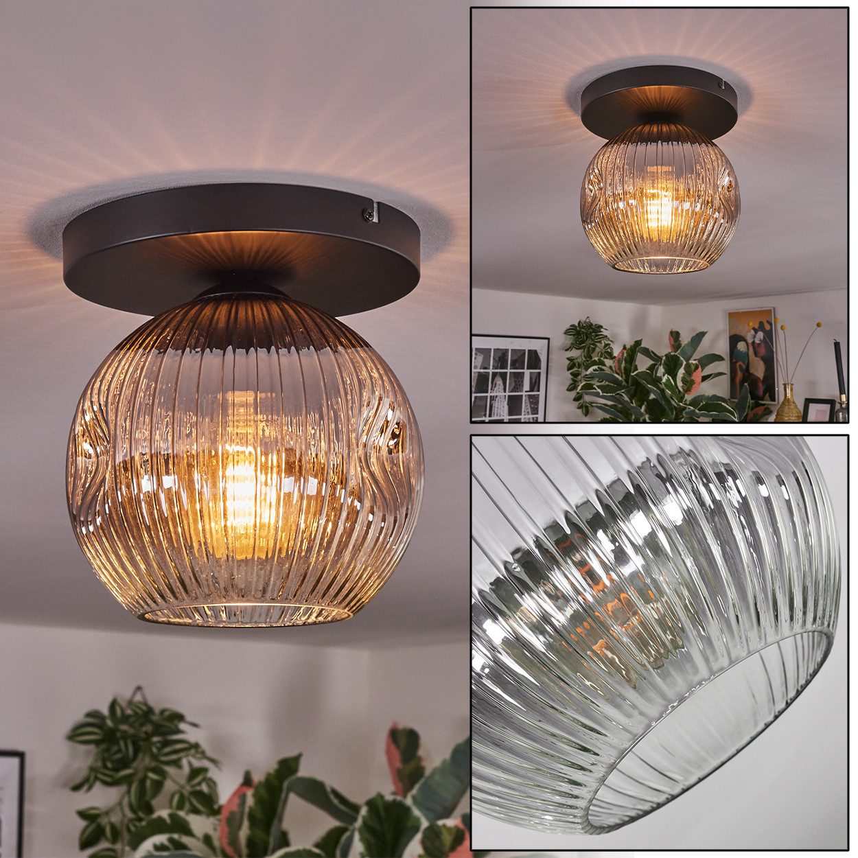 Deckenleuchte Deckenlampe aus Metall/Riffelglas in Schwarz/Rauchfarben/Klar