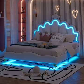 Flieks Polsterbett, LED Kinderbett Doppelbett mit krone-Form Prinzessinnenbett 140x200cm