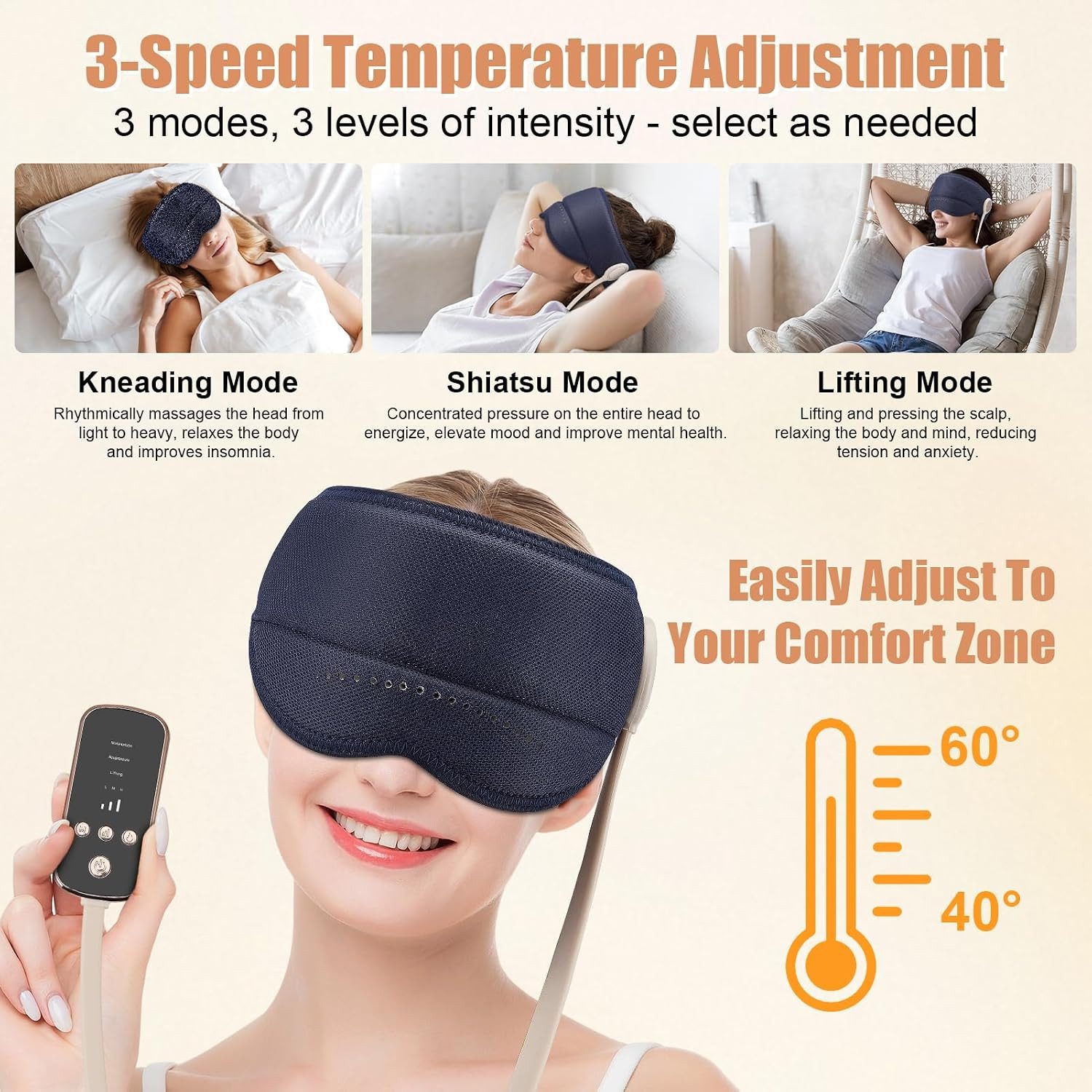 Fyrove Massagegerät Elektrisches Kopfmassagegerät mit Wärmefunktion, 6D Luftdruckmassage, Augenabdeckung, kabelloses Massagegerät mit 2000mAh, 3 Modi zur Entspa – Bild 3 von 5