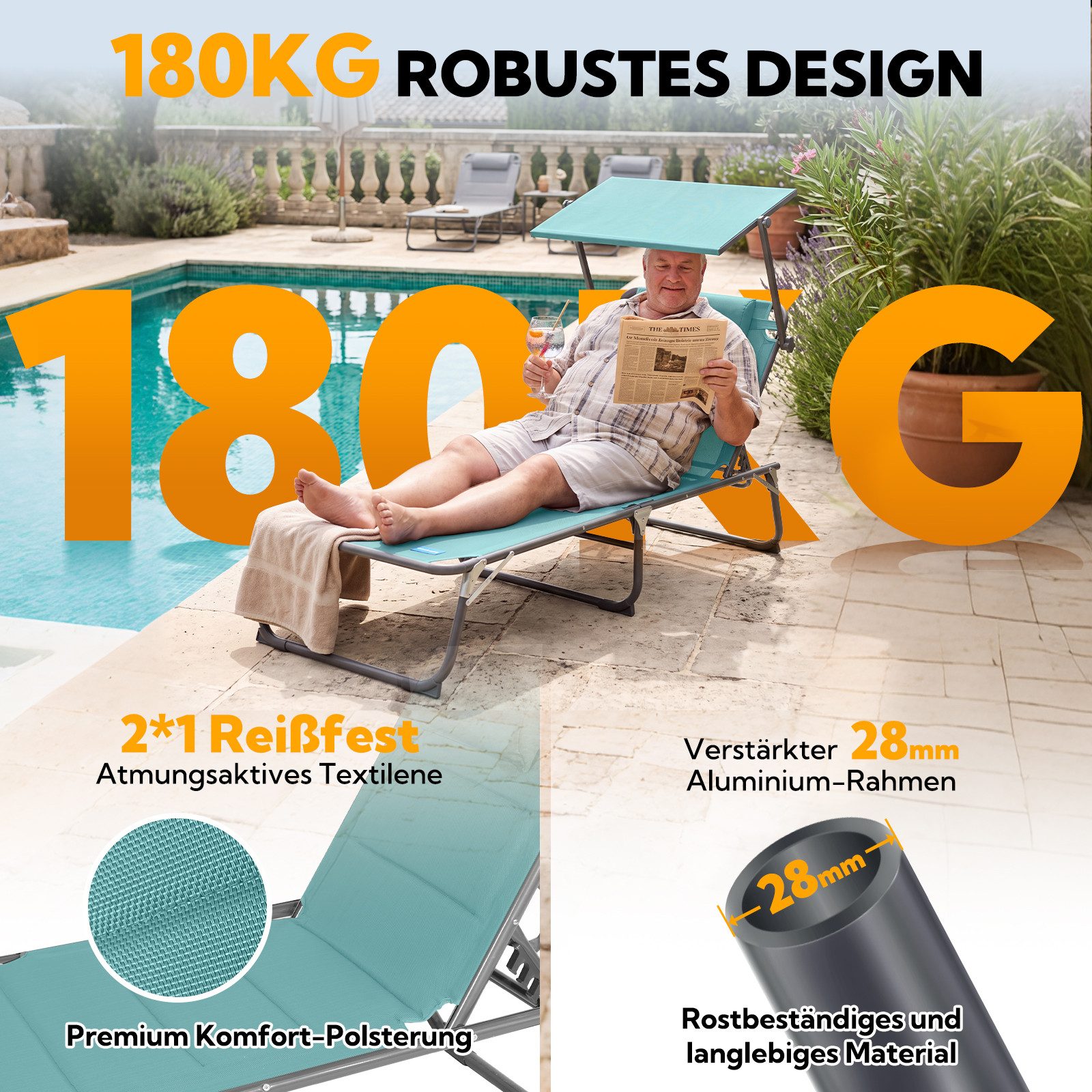 HOMECALL Gartenliege Sonnenliege AluLiege Liegestuhl Strandliege Liegen wetterfest, klappbar, Textilene Mit Dickemschnelltrocknende Schaumstoffpolsterung, Verst – Bild 4 von 5
