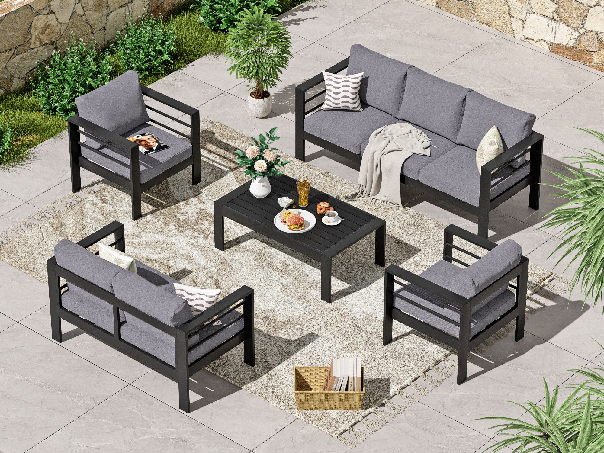 MeXo Gartenlounge-Set XXL Gartenmöbel Set Aluminium Outdoor, (Gartenmöbel Set, , 5-tlg., 1×3-Sitzer Sofa, 1×2-Sitzer Sofa, 2×Sessel, 1×Tisch, 14×Auflagen), wetterfest Sitzgruppe Essgruppe Gartengarnitur für 6-7 Personen