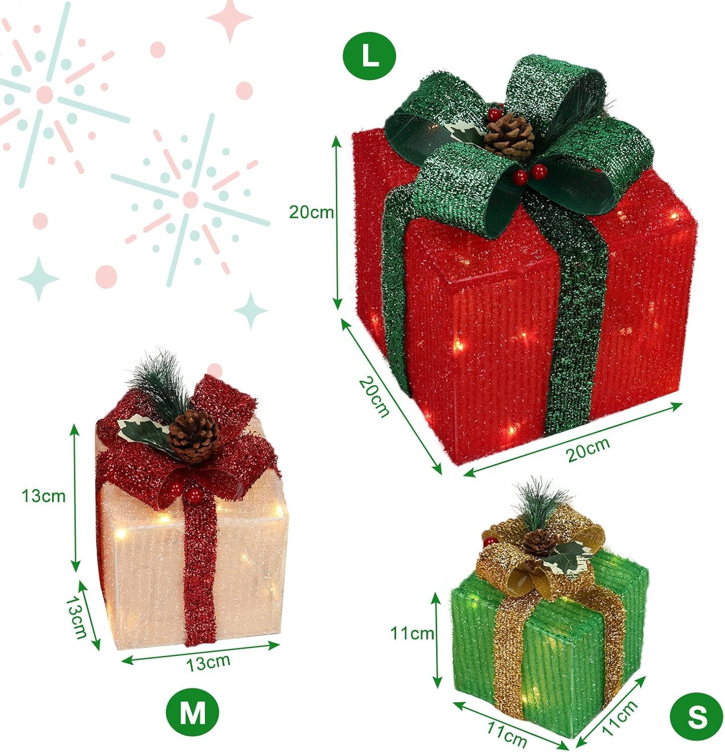 LALAHO LED Dekolicht LED Geschenkbox Weihnachtsdeko 3er Set, mit 60 warmweißen LEDs Weihnachtsdeko beleuchtete 20/13.5/11 cm – Bild 3 von 5